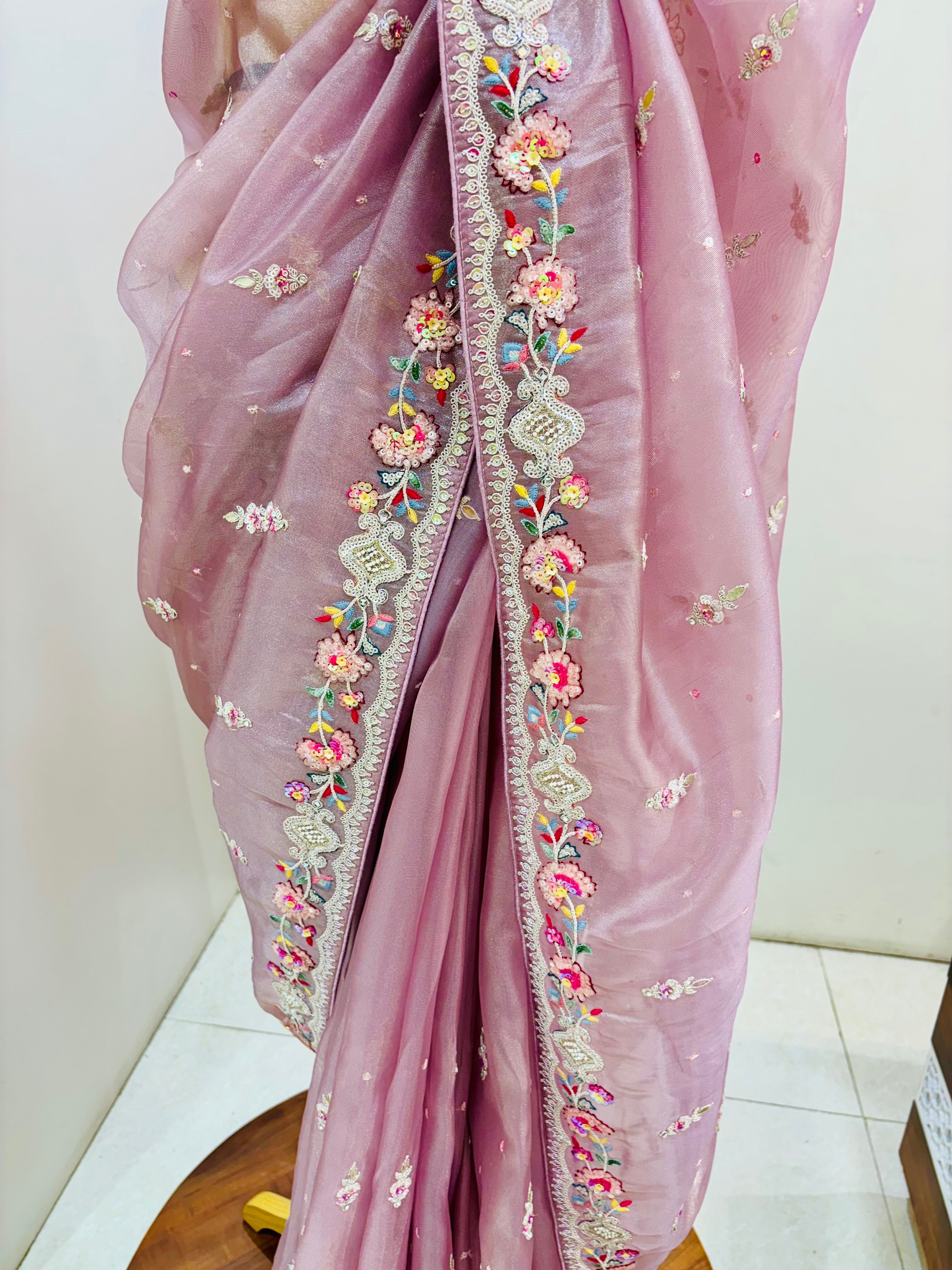 Mauve Pink Tissue Designer Saree