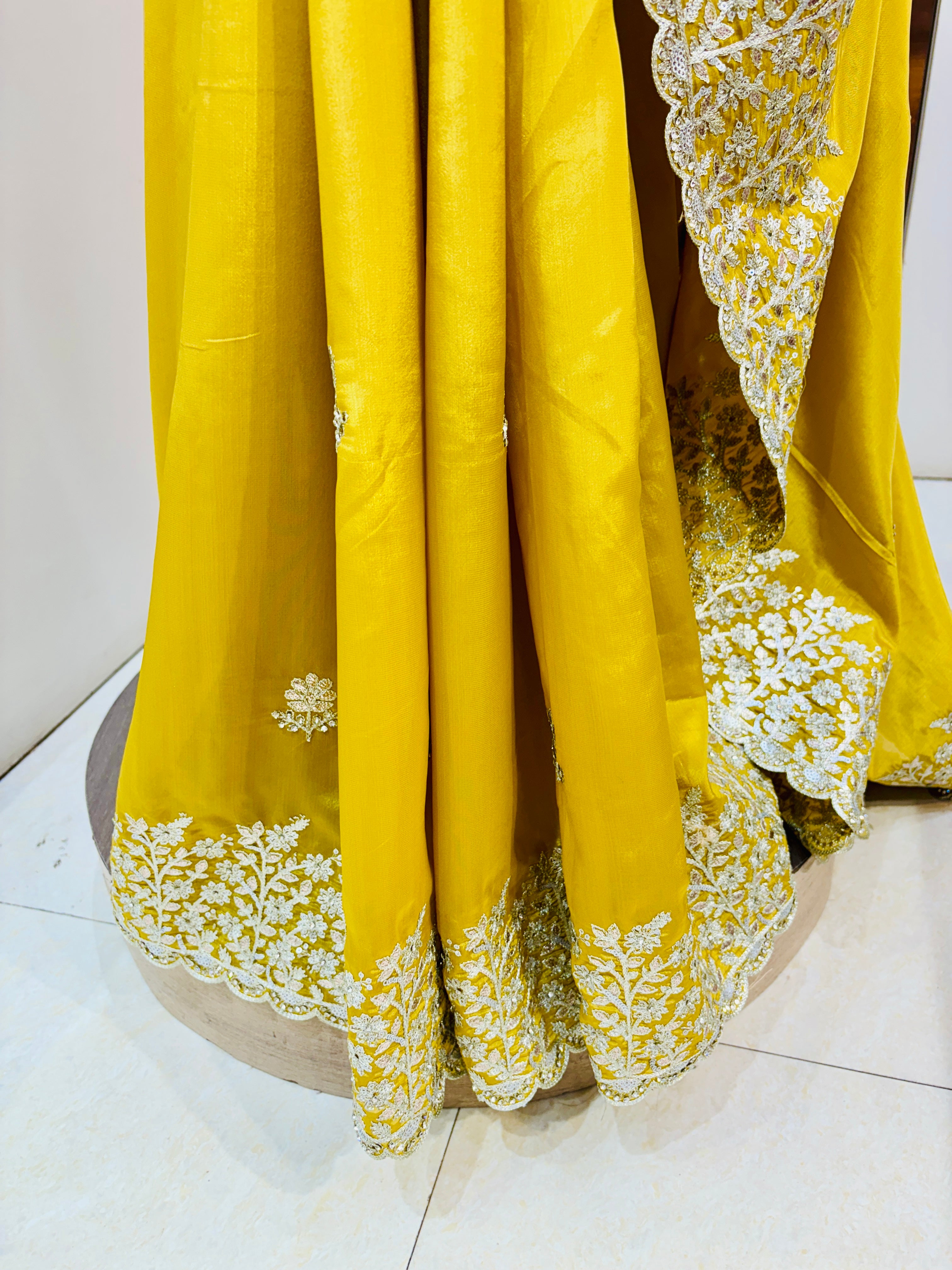 Mustard Tissue Silk Pittan Work Saree