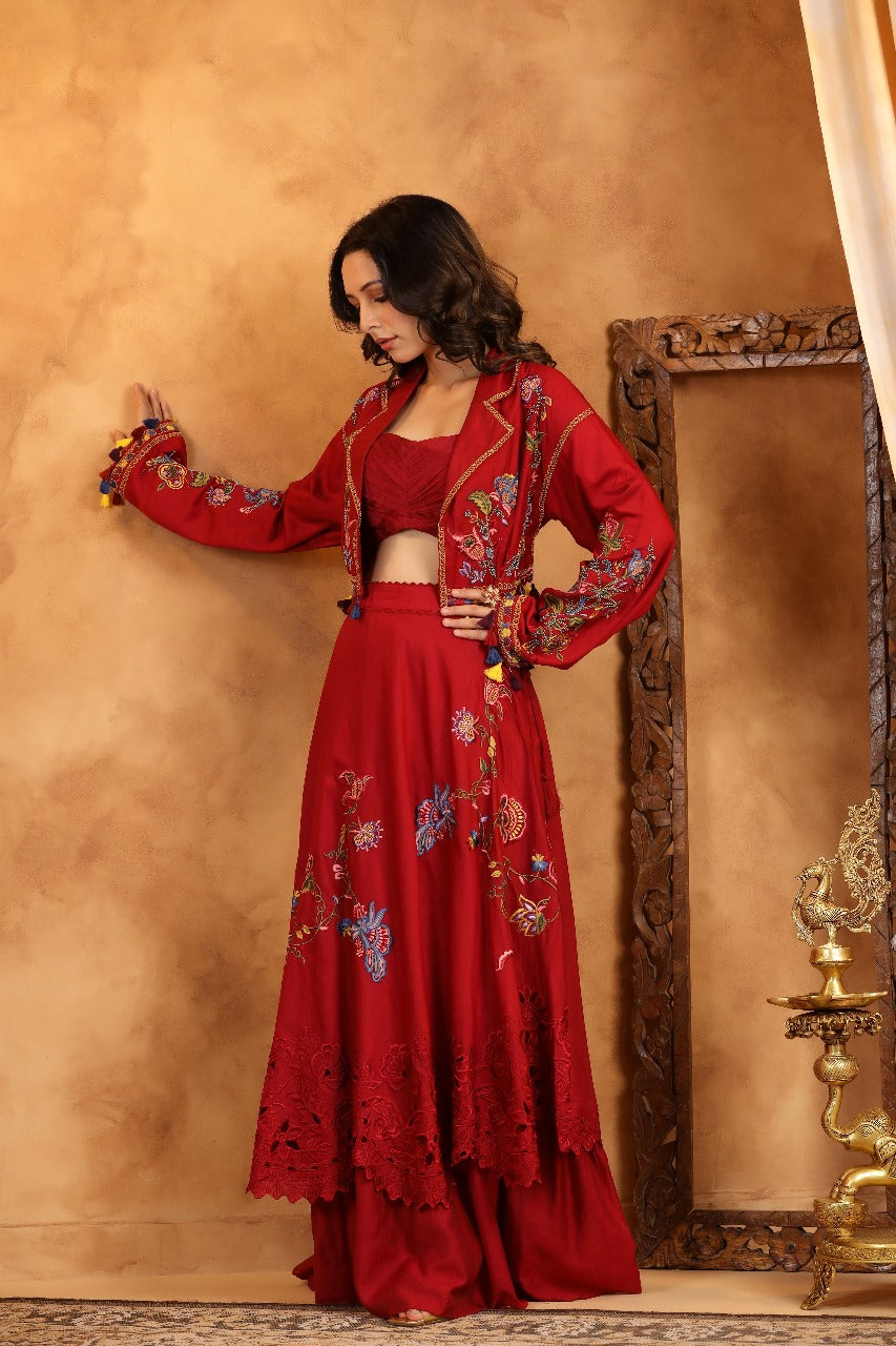 Dark Red Silk Indowestern Crop Top With Jacket