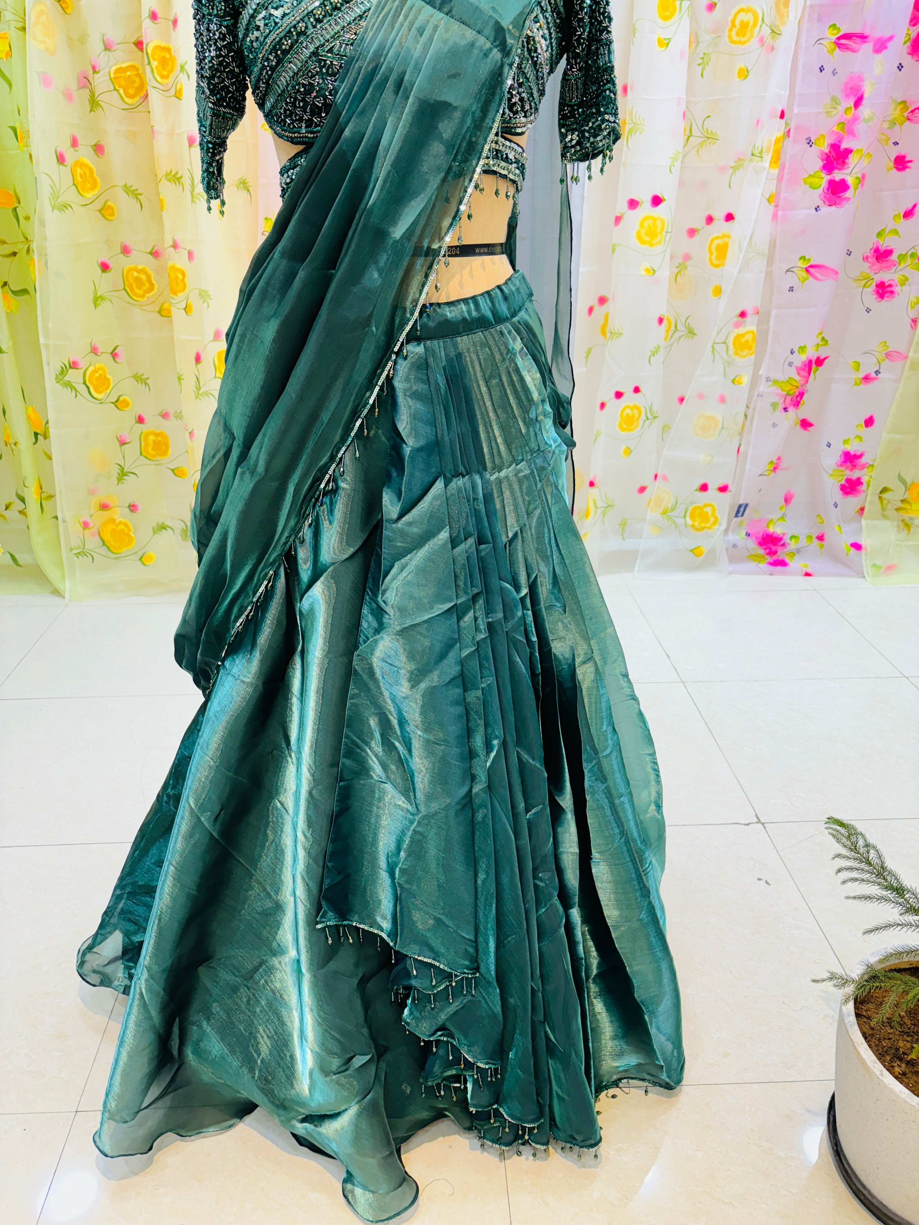 Dark Green Tissue Designer Lehenga