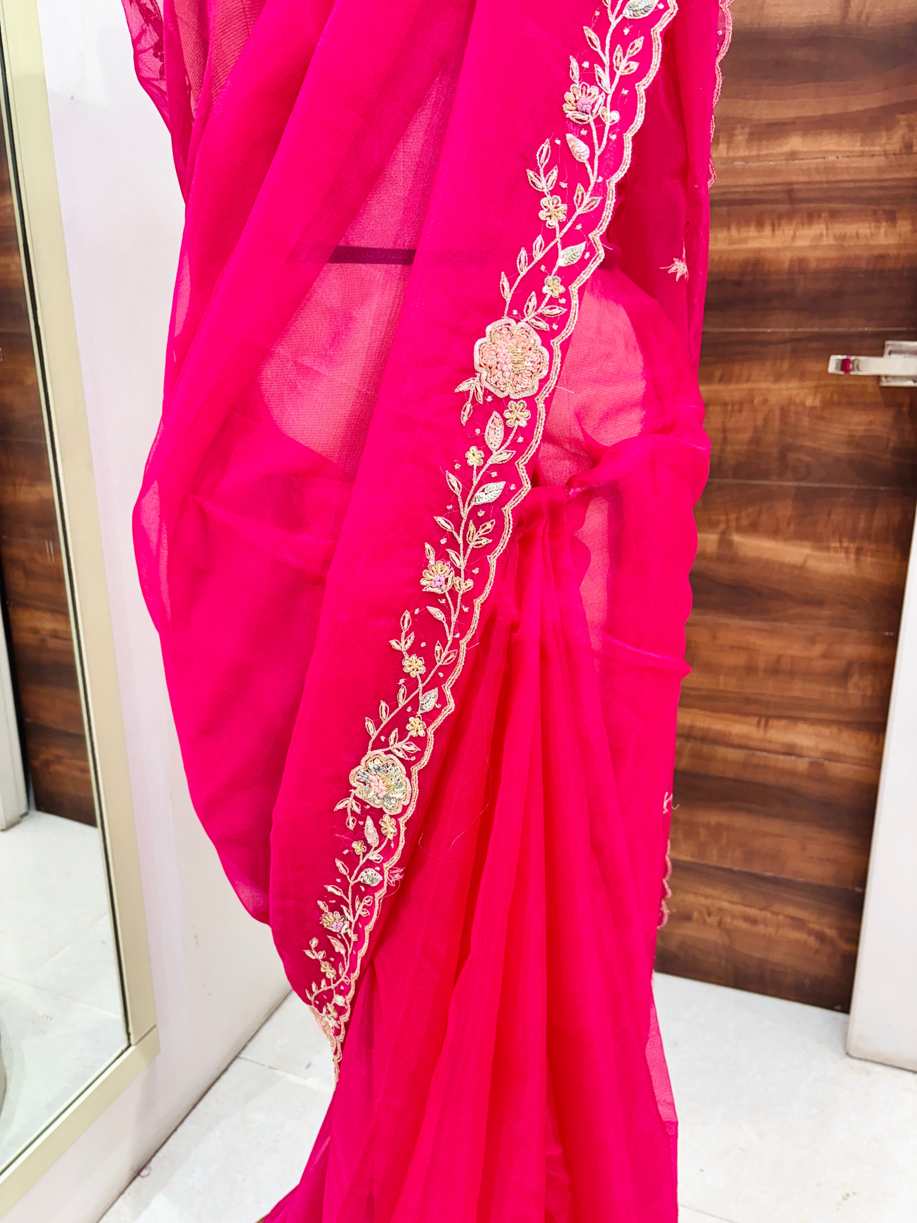 Dark Pink Organza Hand Work Saree