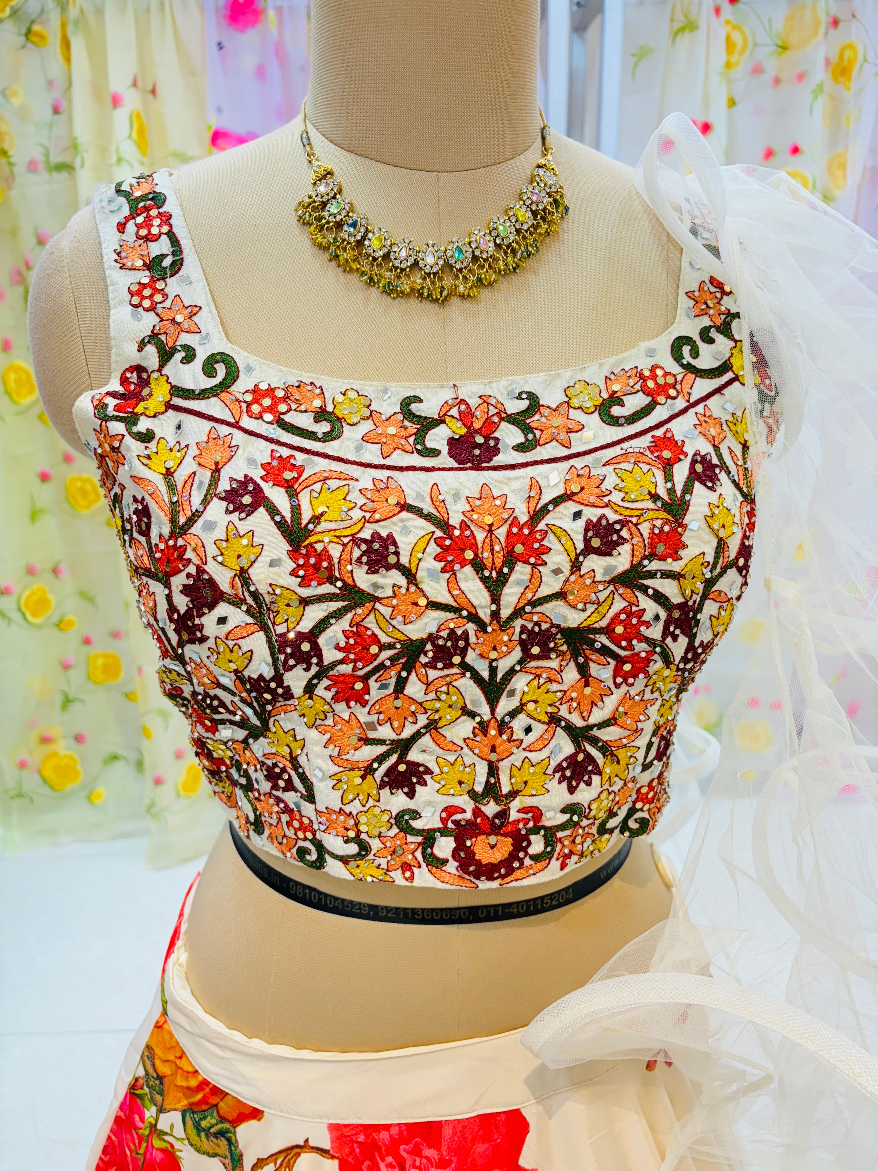 White Floral Print Silk Lehenga