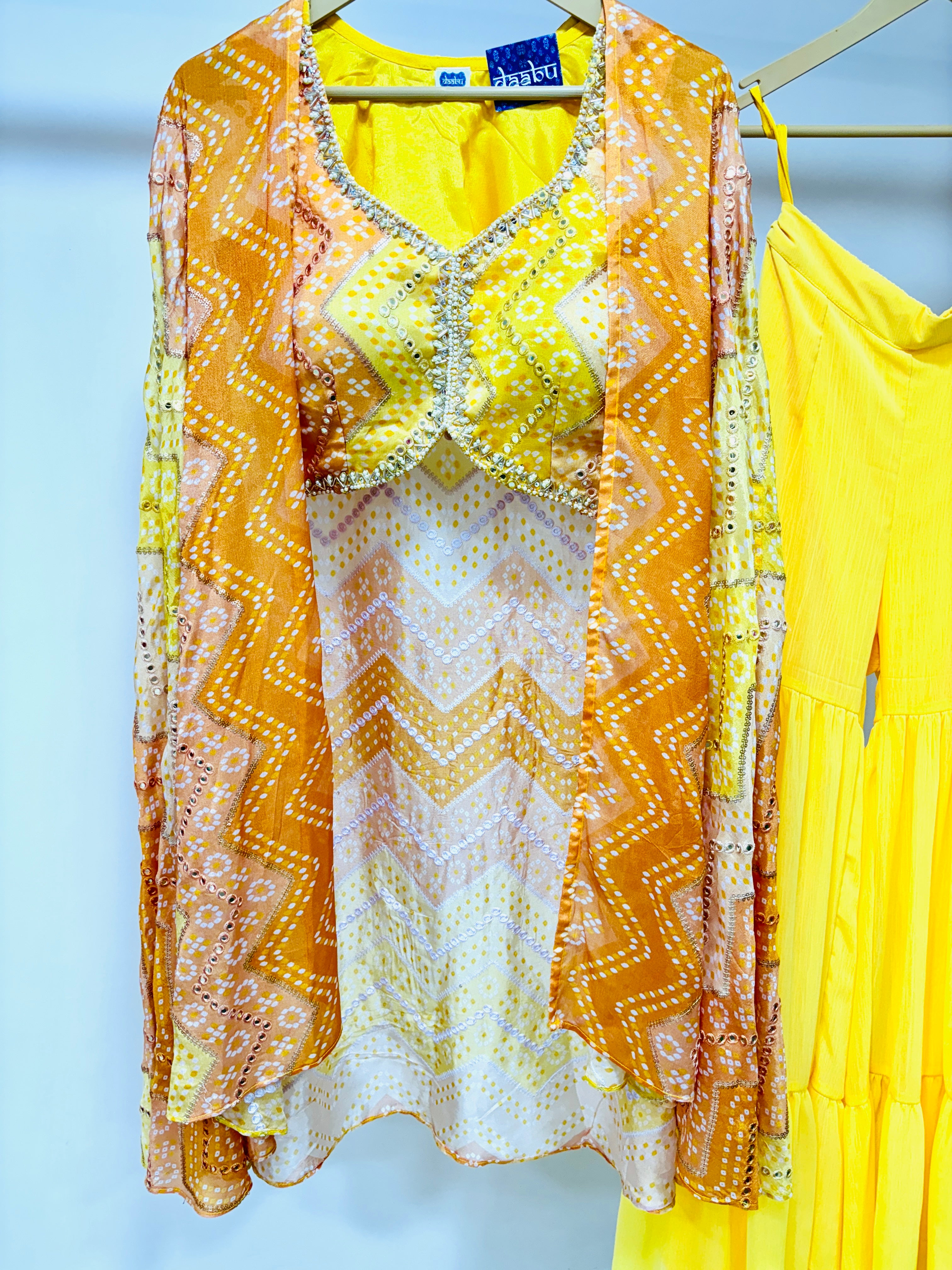 Yellow & Orange Chinnon Festive Sharara Set