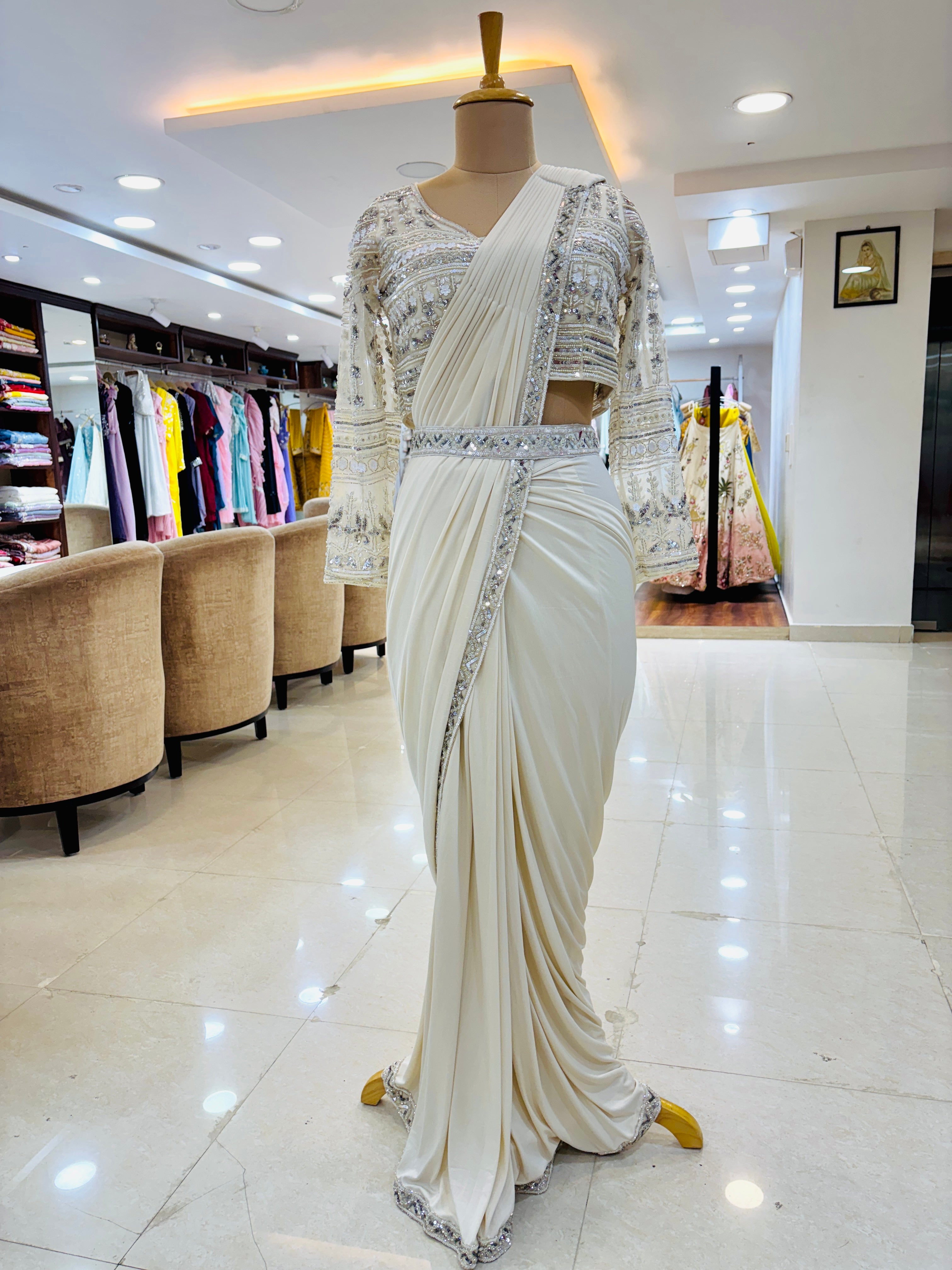 white embellished drape saree