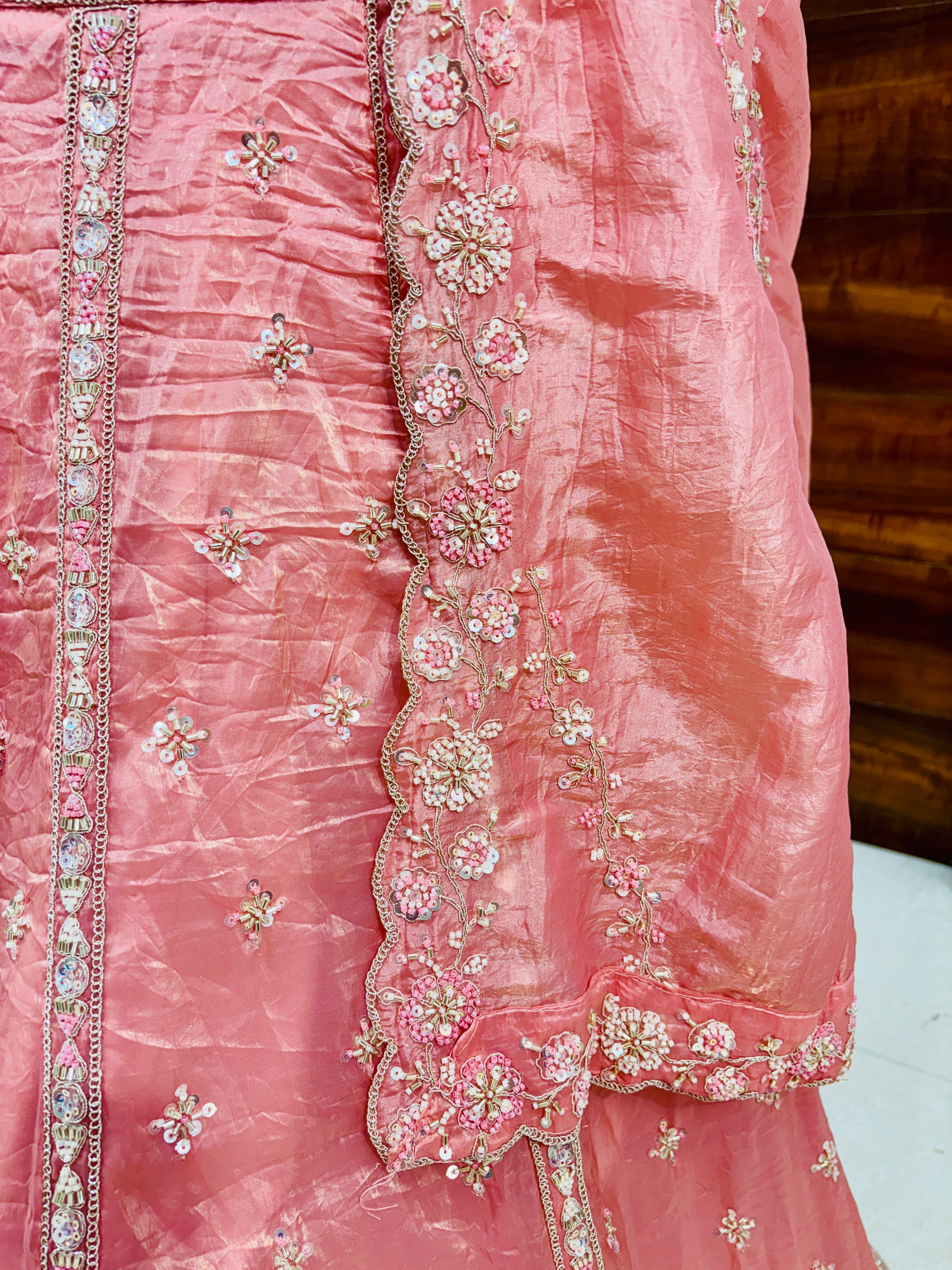 Peach Hand Work Tissue Festive Lehenga