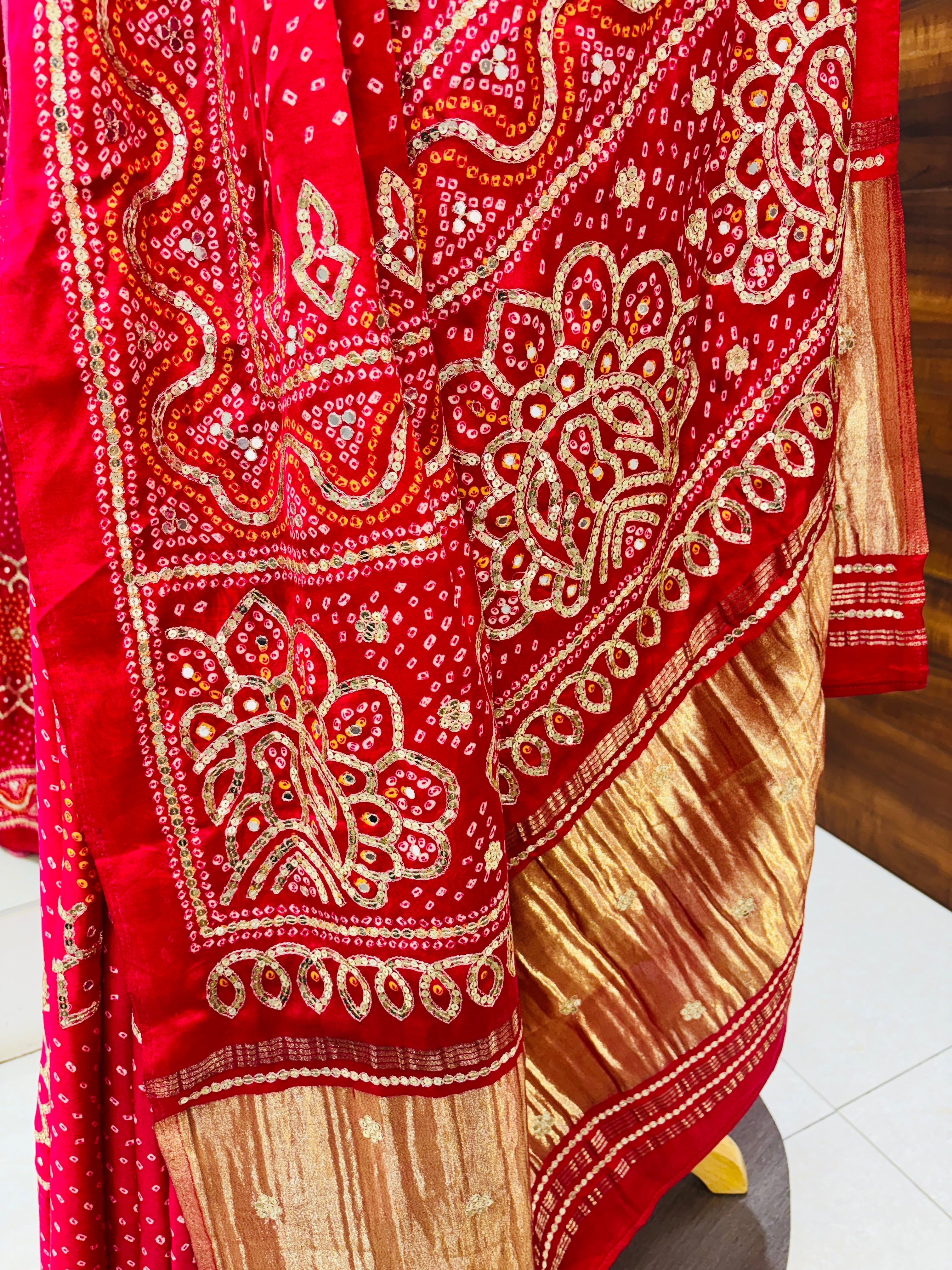 Red Muslin Silk Bandhej Saree