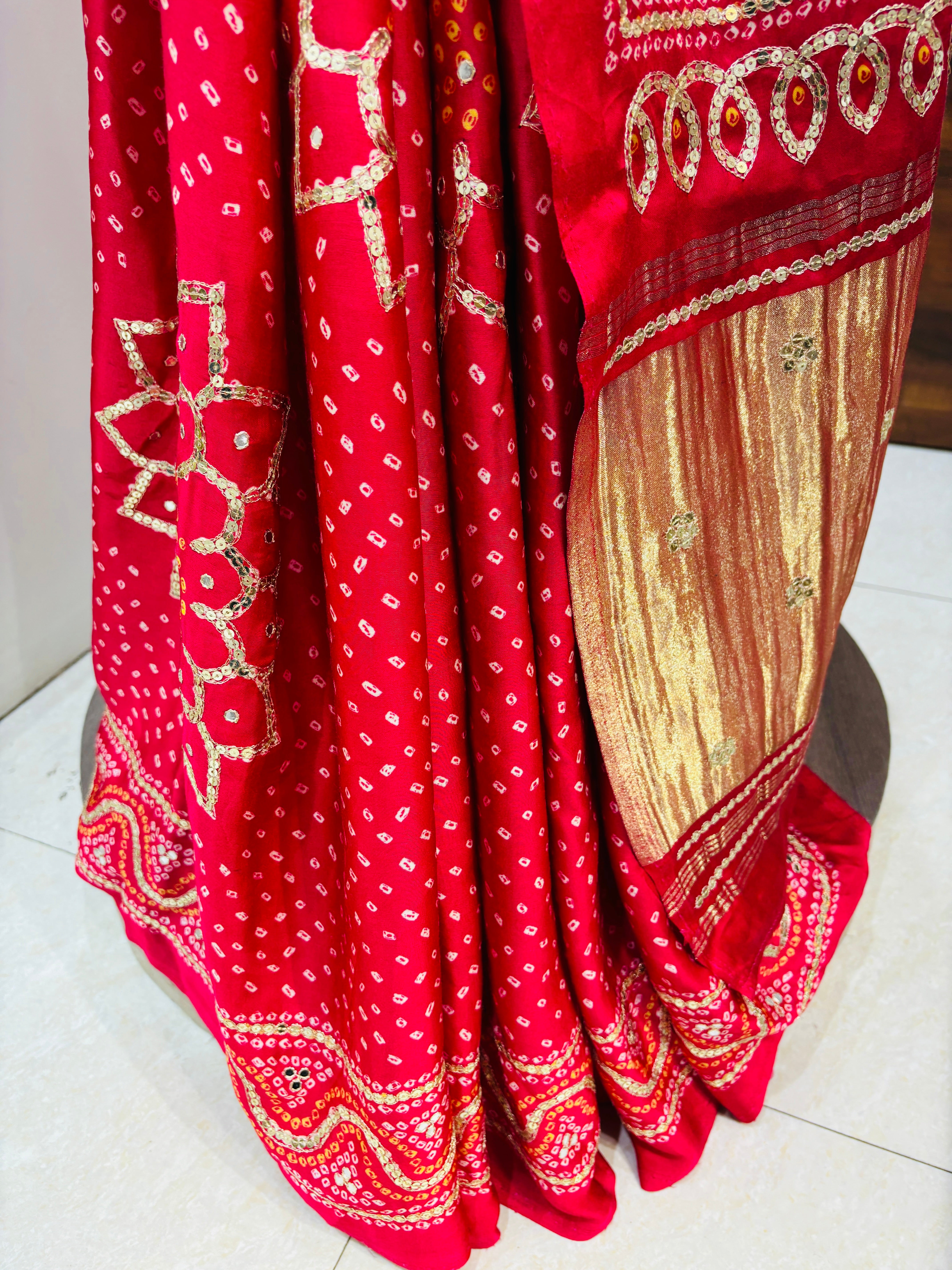 Red Muslin Silk Bandhej Saree