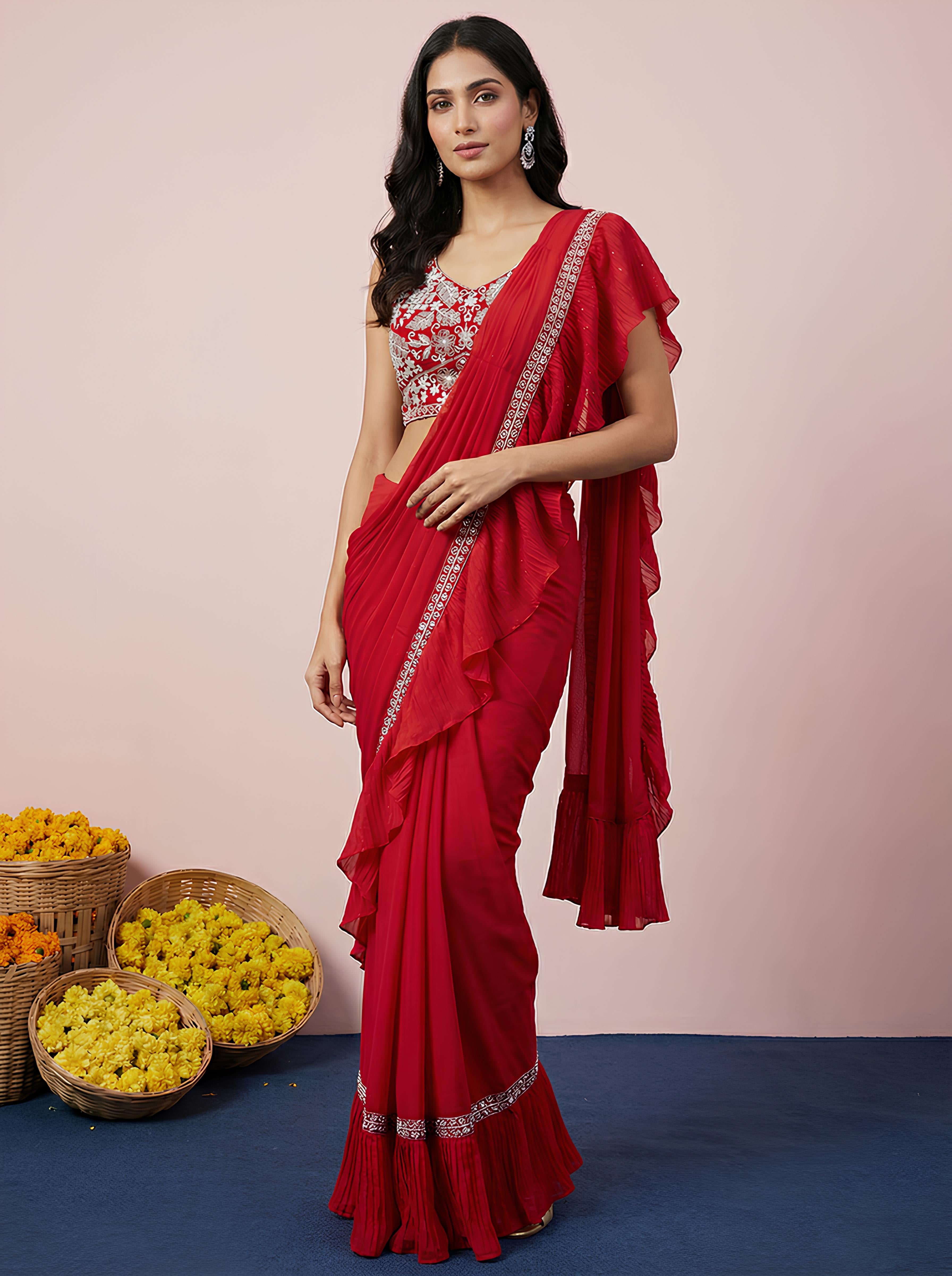 Red Embroidered Georgette Frill Drape Saree