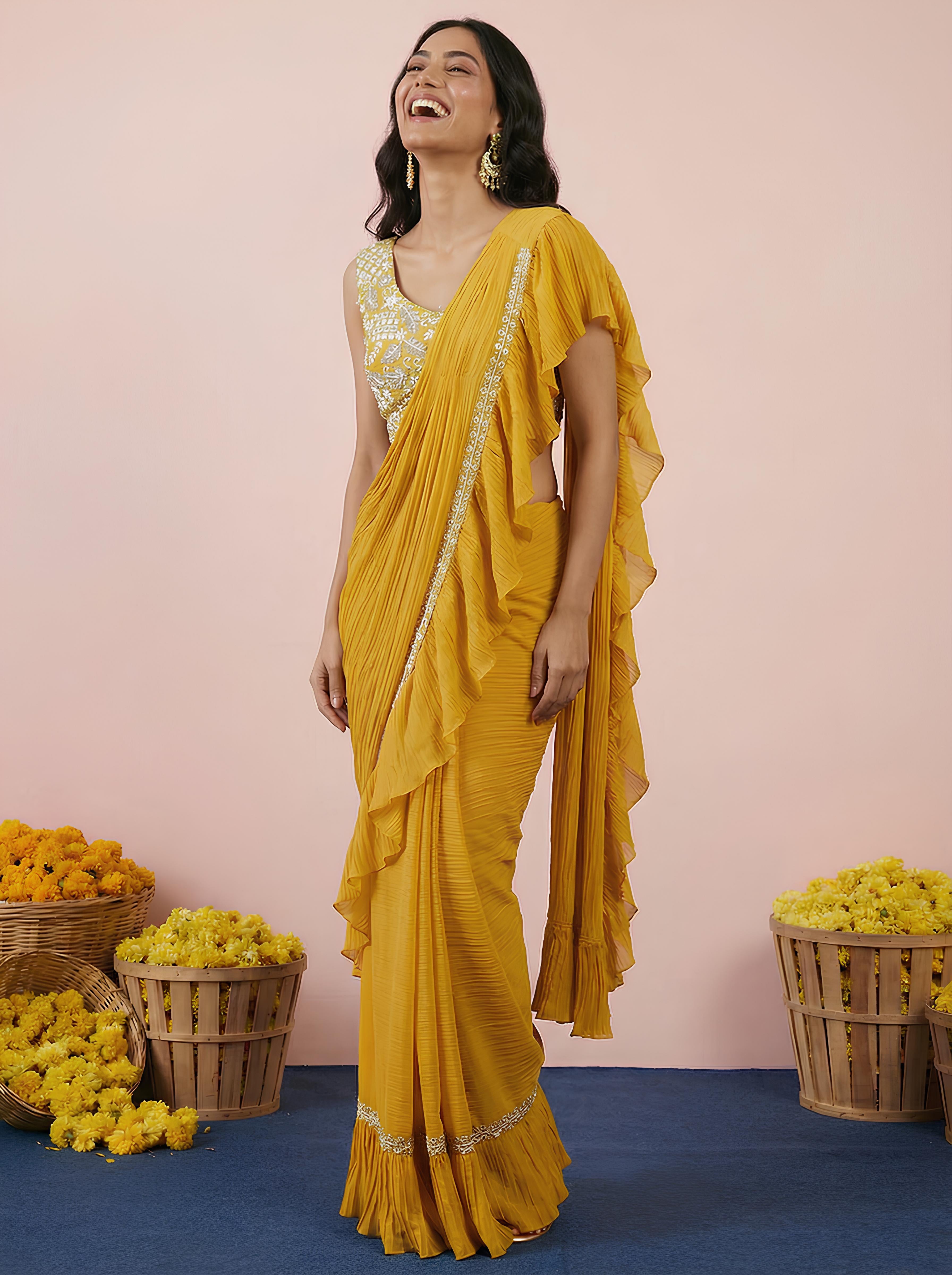 Yellow Embroidered Georgette Frill Drape Saree