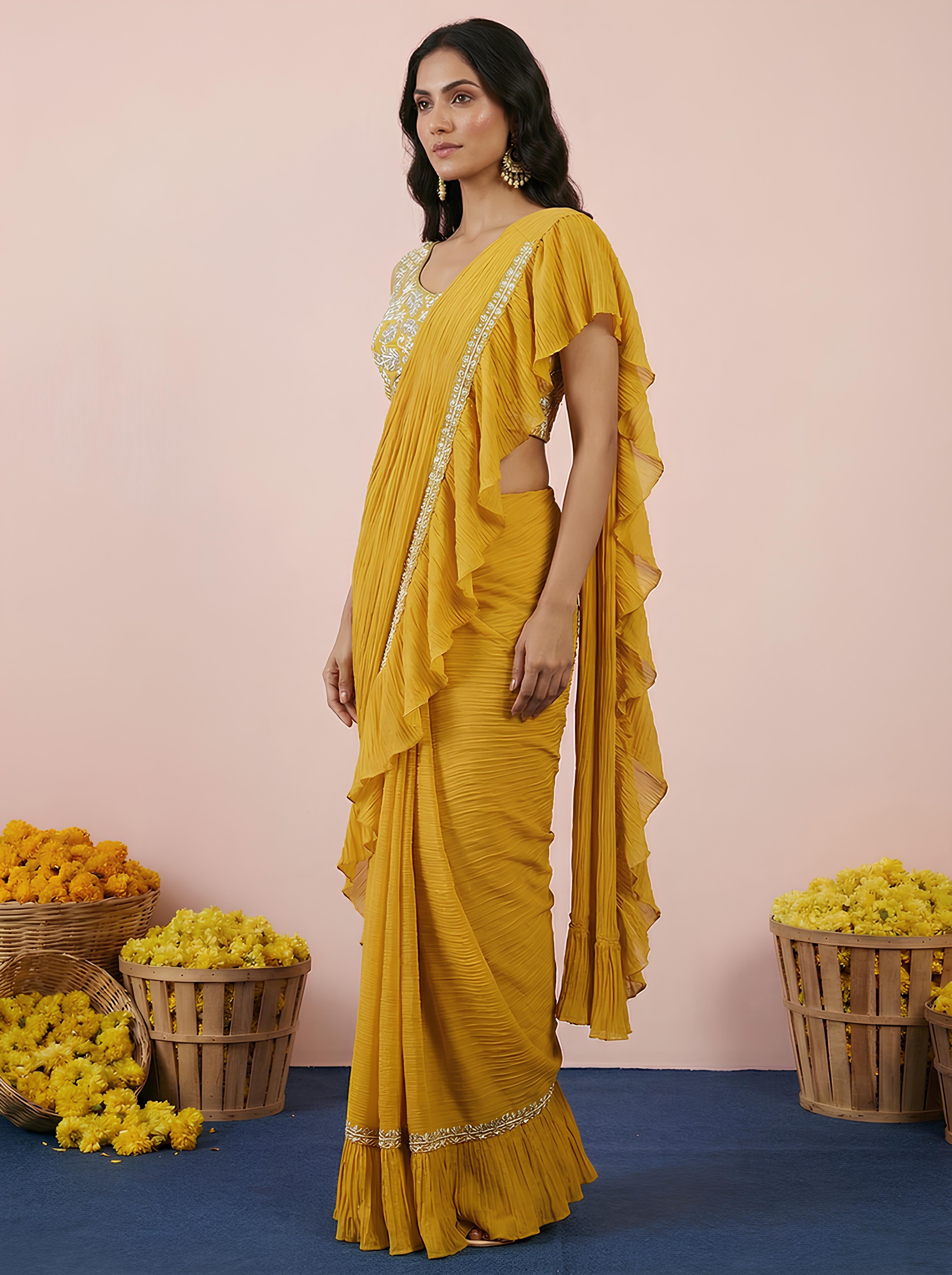 Yellow Embroidered Georgette Frill Drape Saree