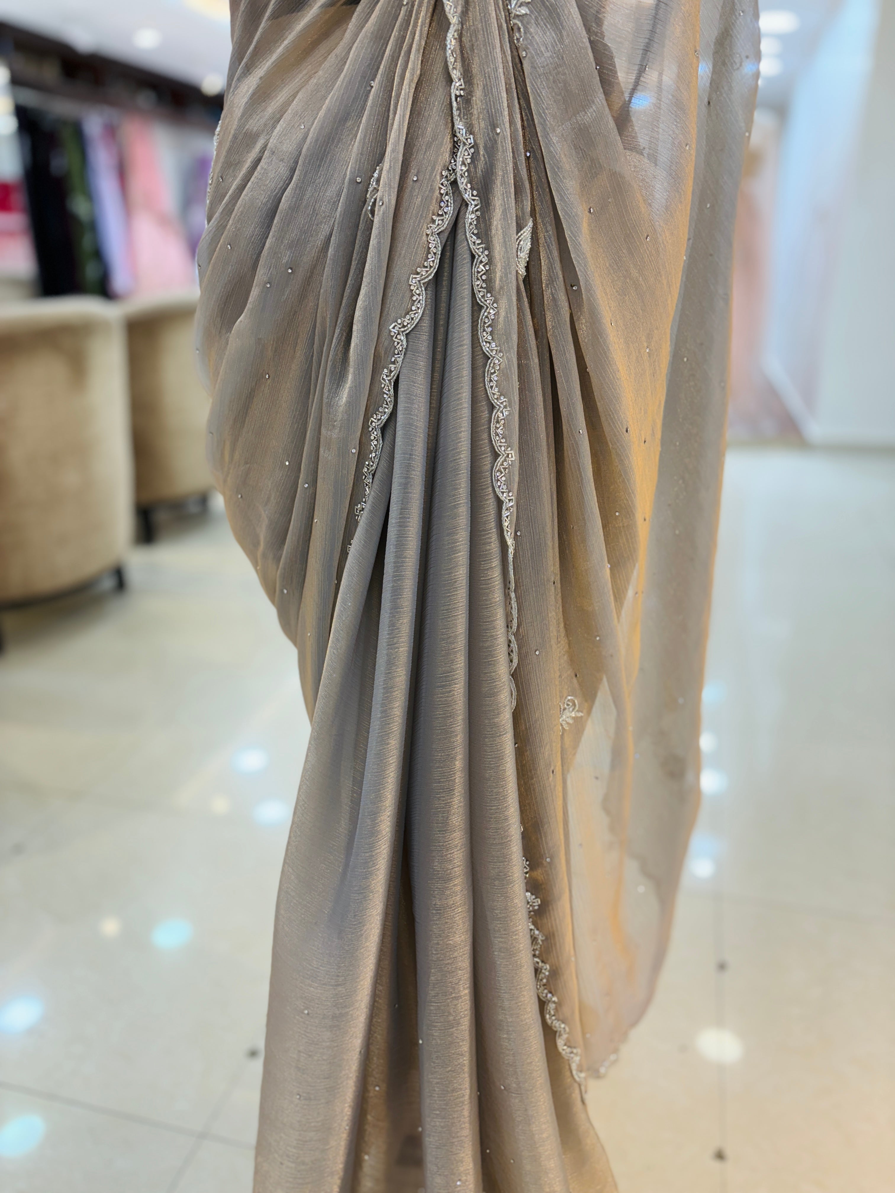 Light Grey Tissue Chiffon Saree With Readymade Blouse