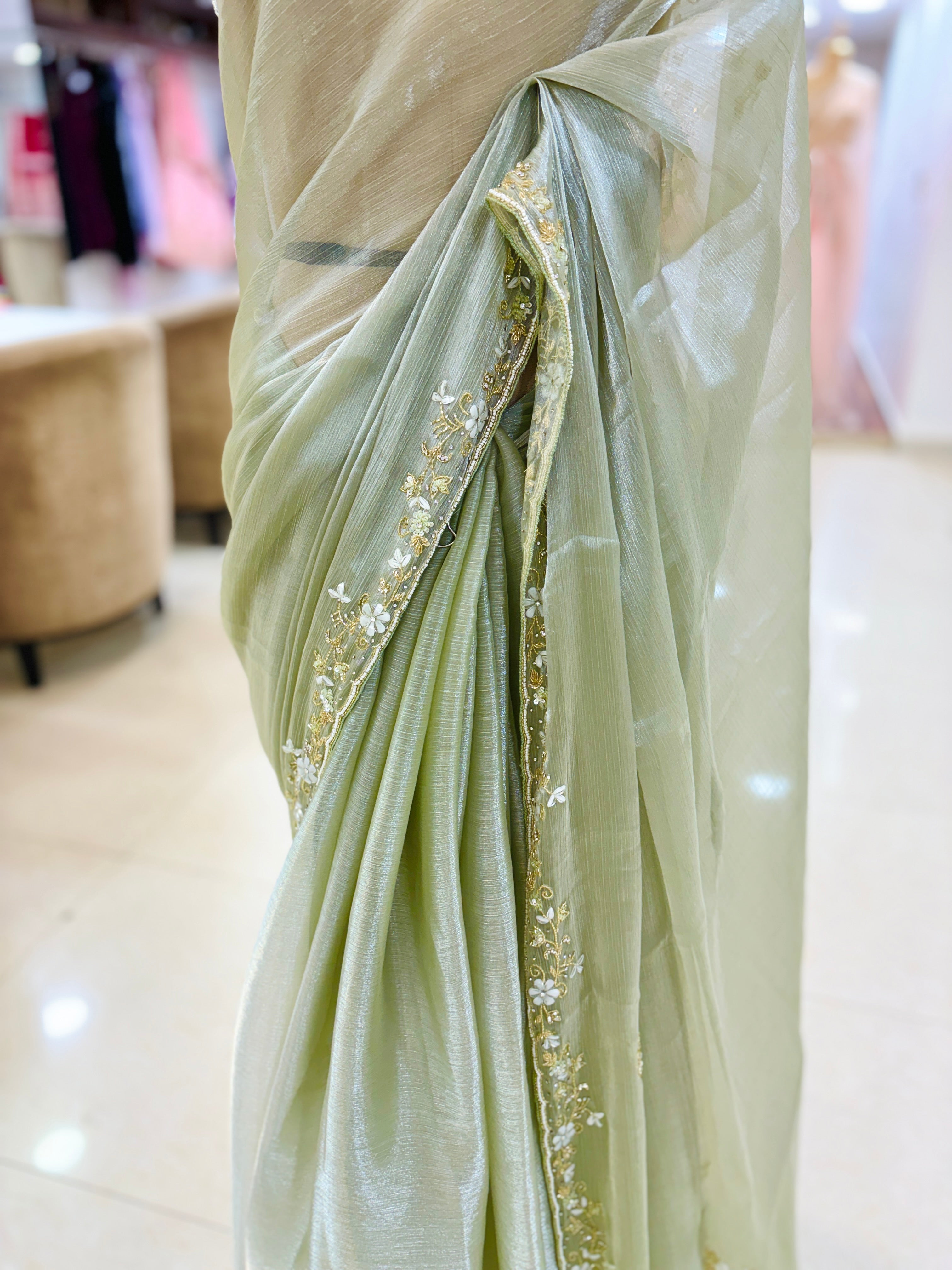 Green Tissue Designer Embroidery Saree