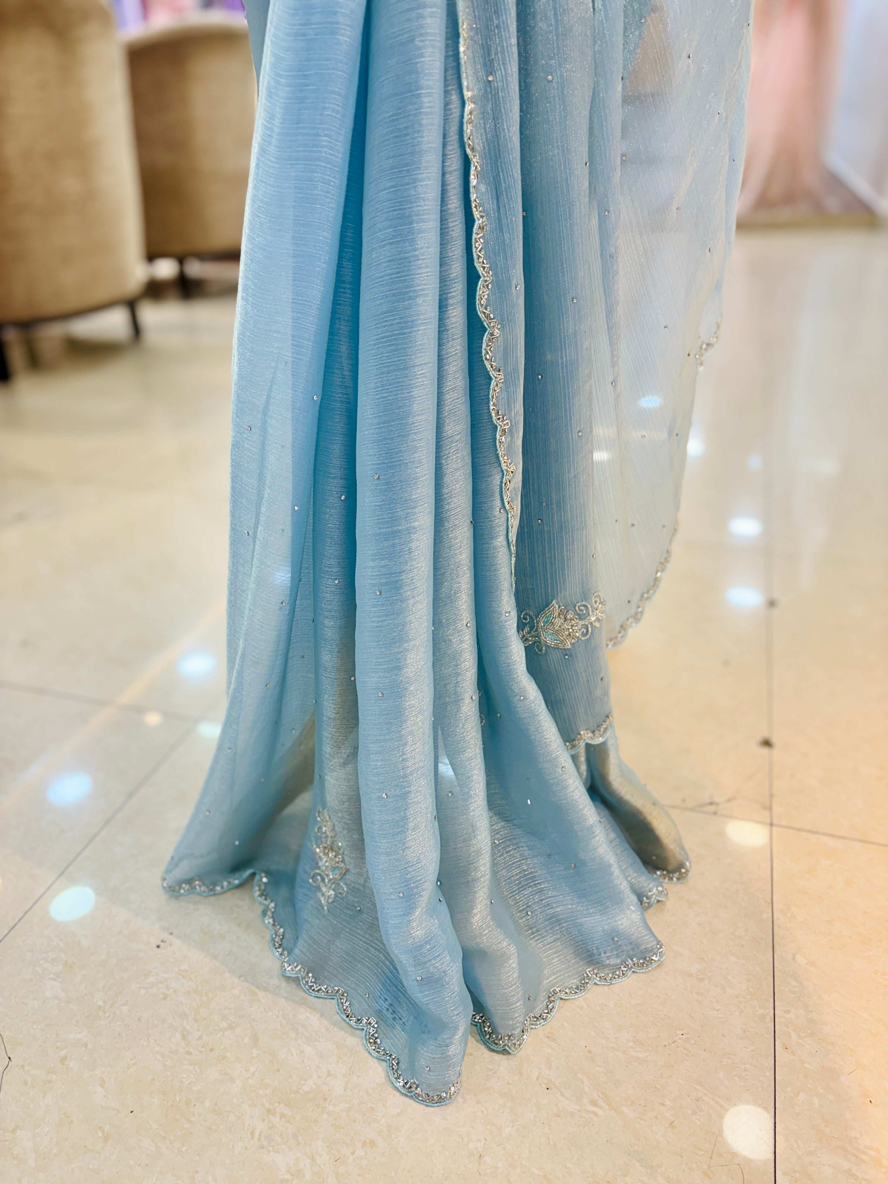 Sky Blue Tissue Chiffon Saree With Readymade Blouse