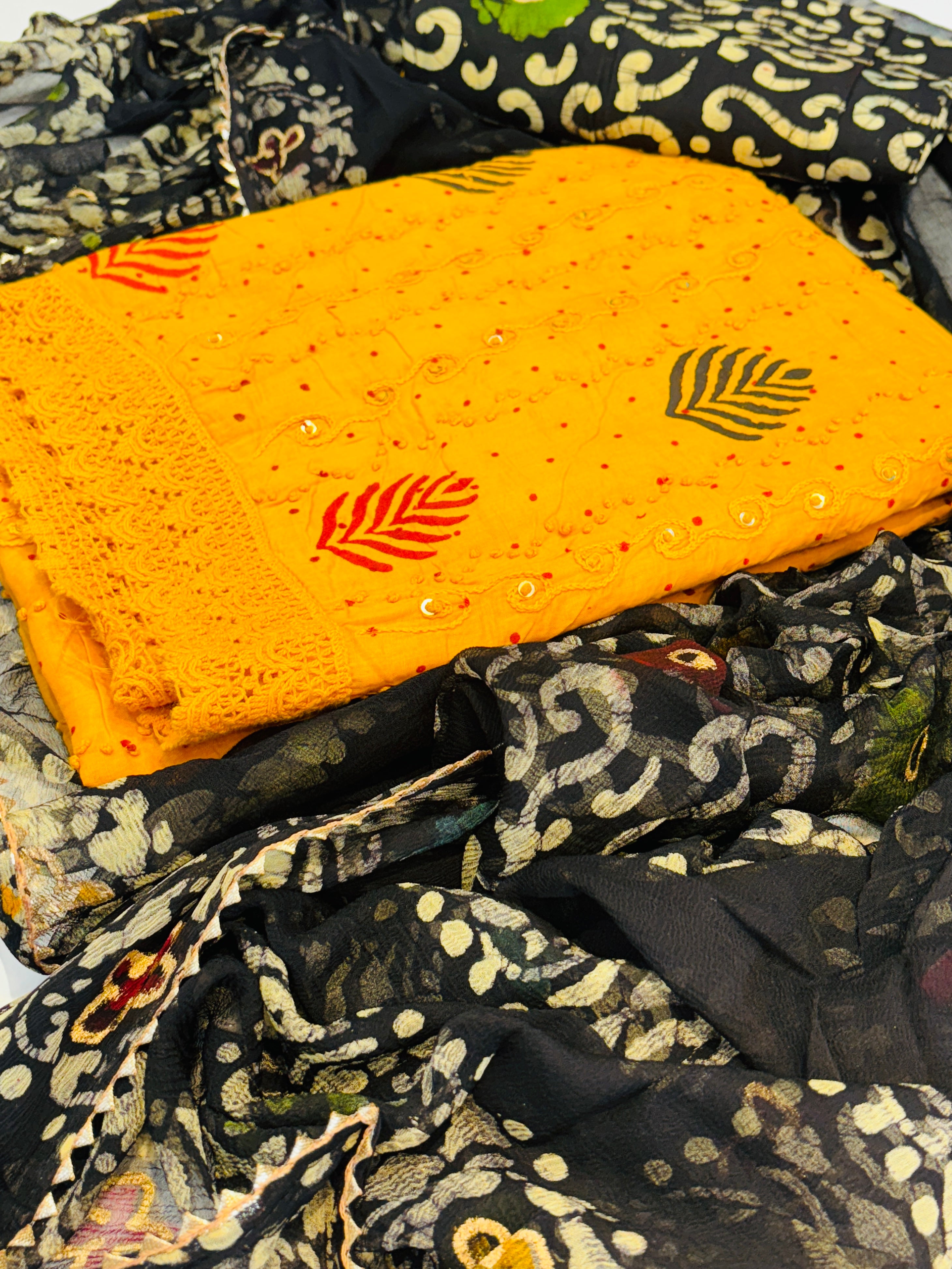 Yellow Thread Work Cotton Dress Material with Bandhani Dupatta