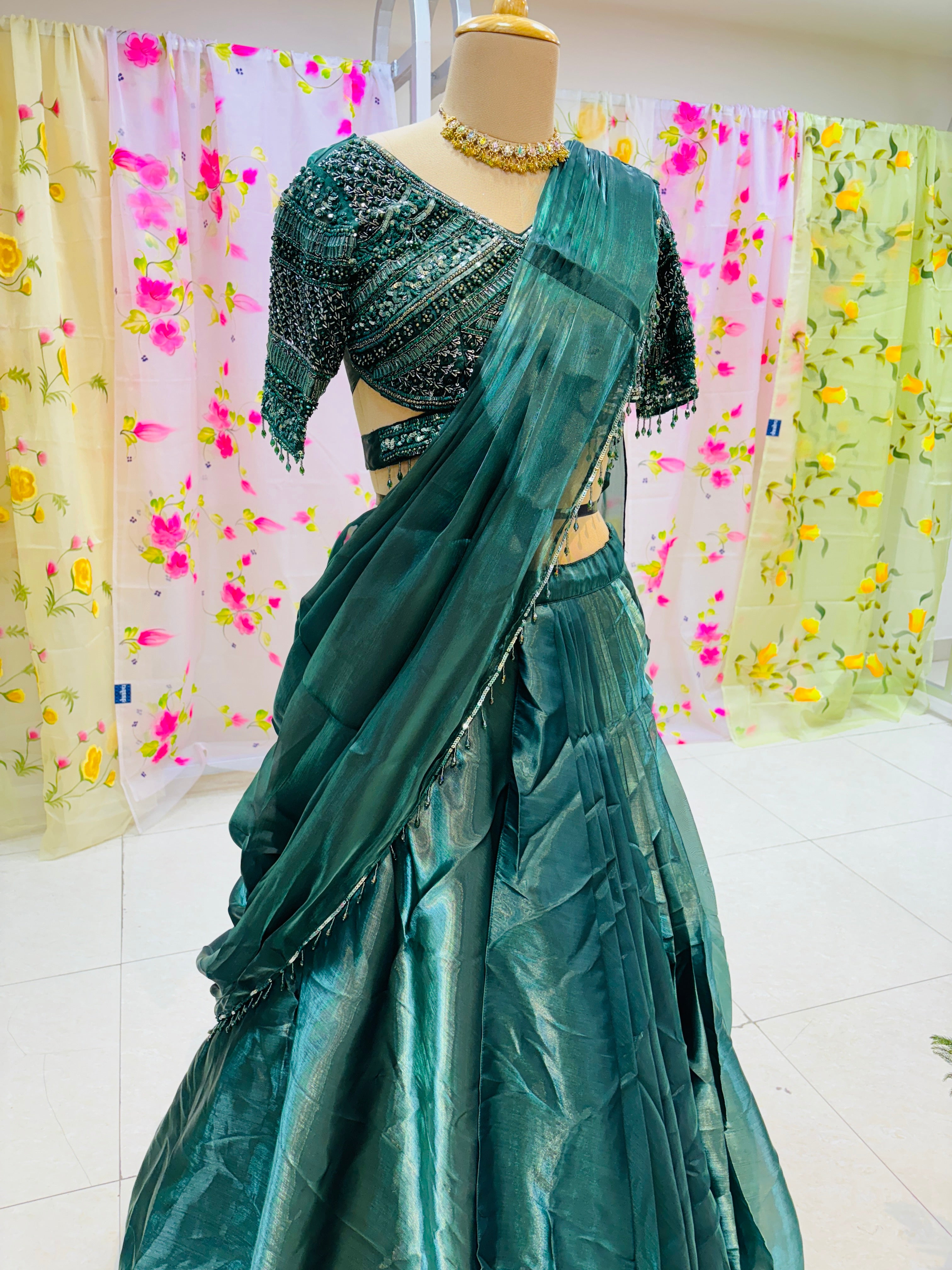 Dark Green Tissue Designer Lehenga