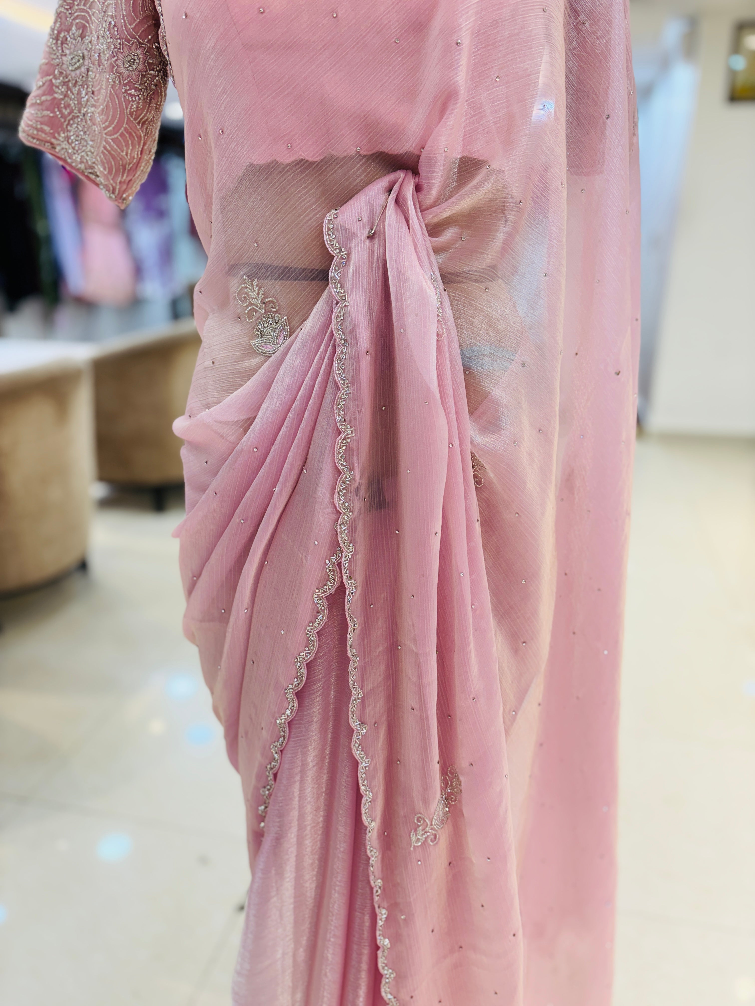 Light Pink Tissue Chiffon Saree With Readymade Blouse