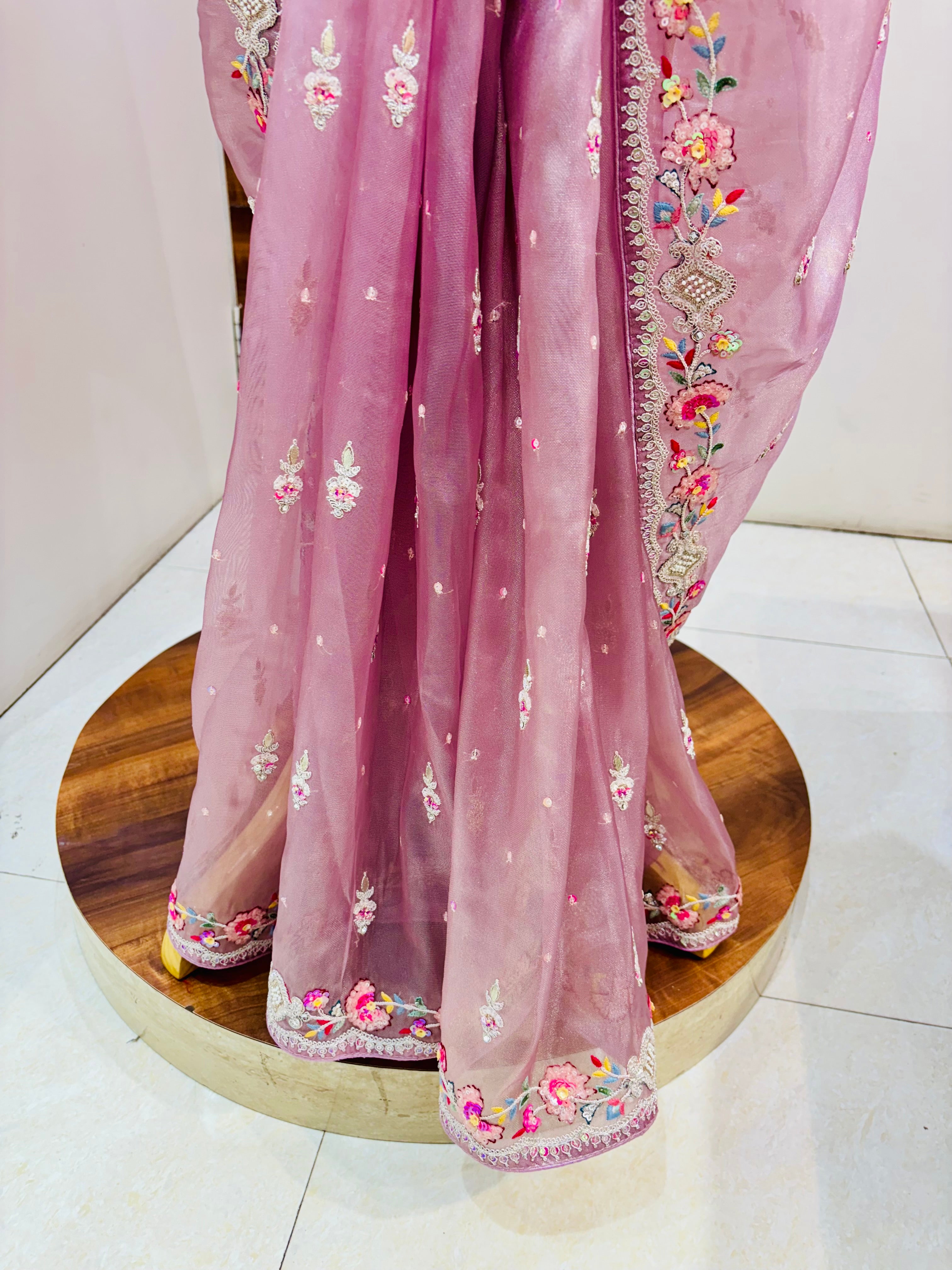 Mauve Pink Tissue Designer Saree