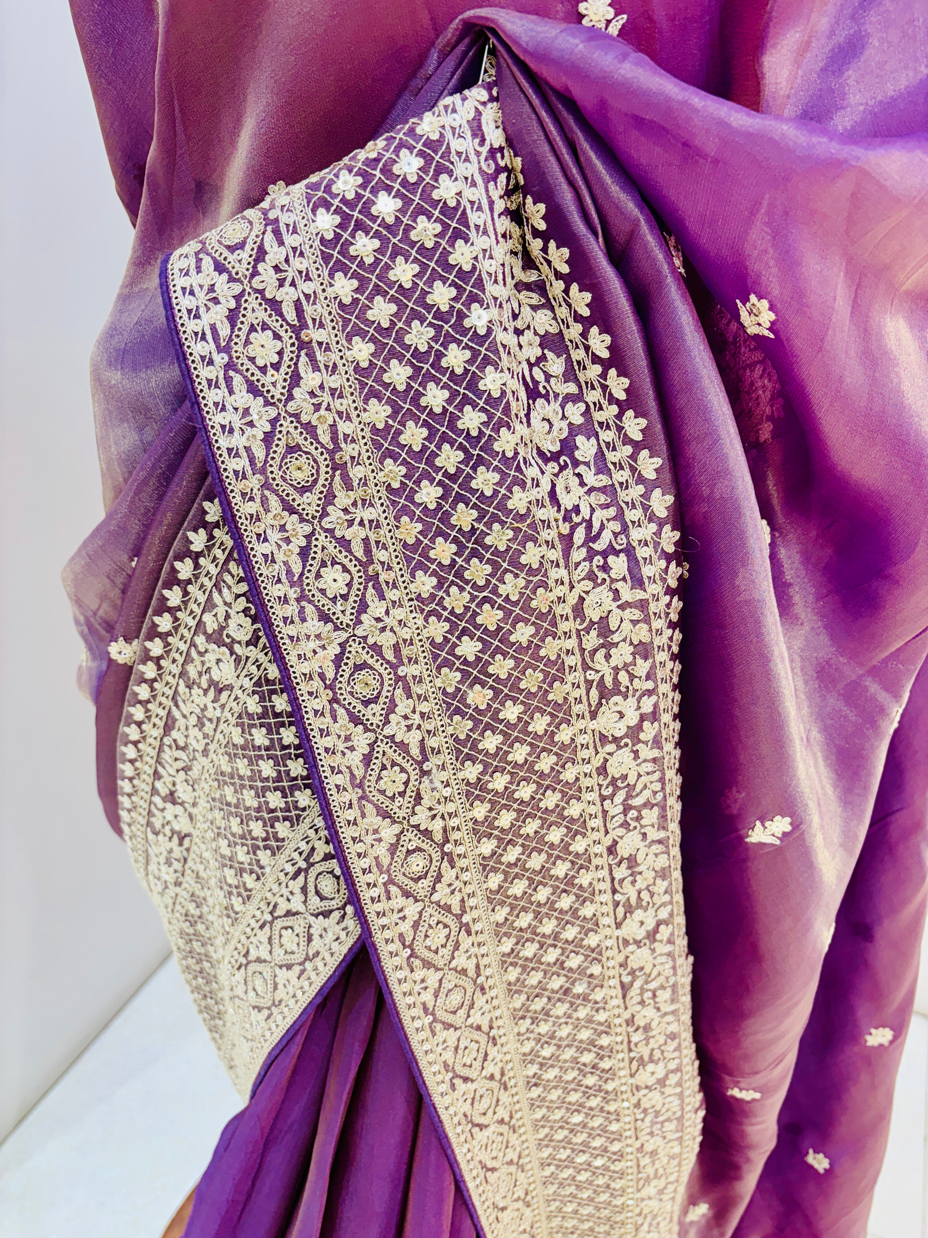 Purple Hand Embroidered Tissue Saree