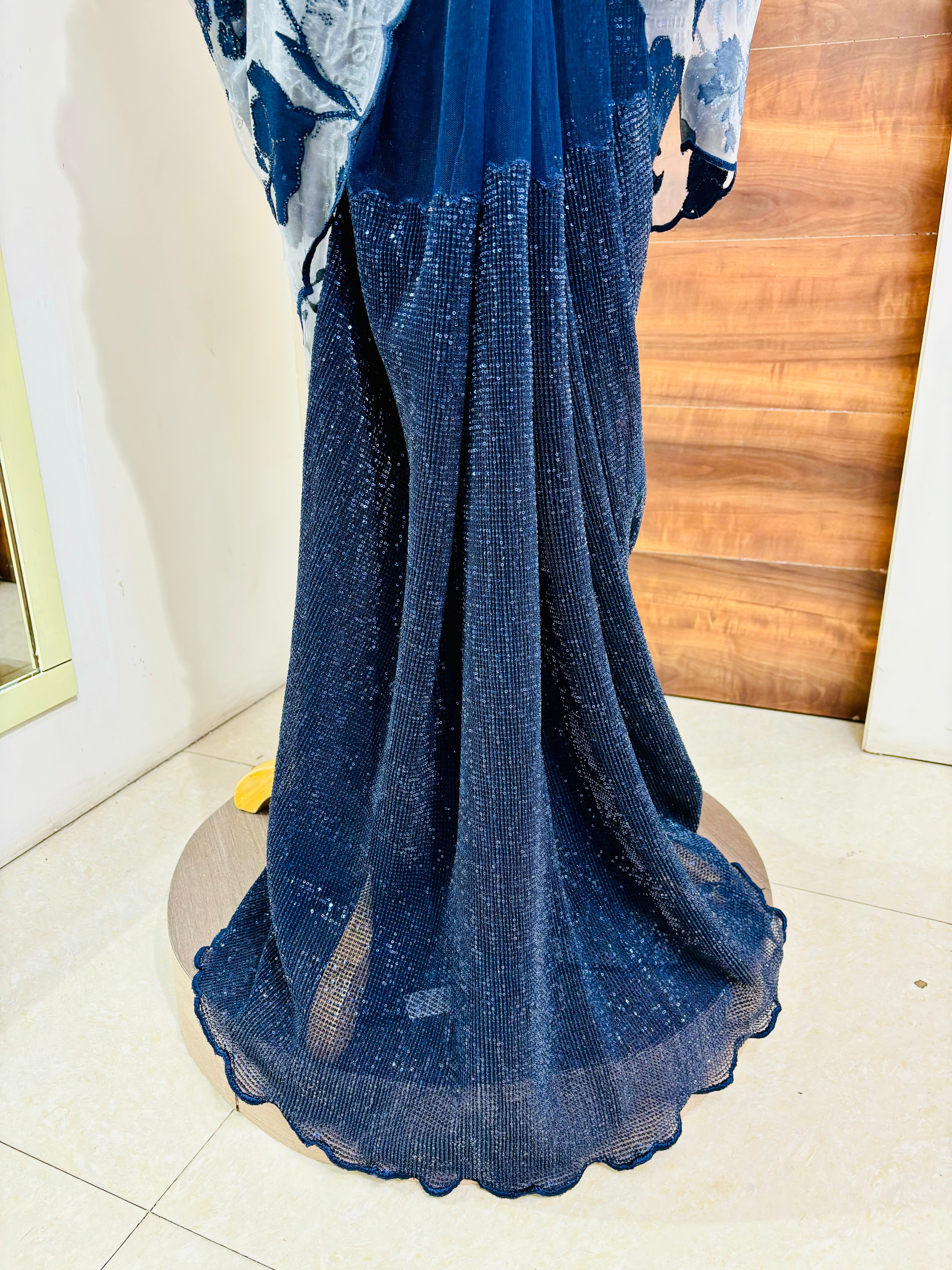 Off White & Blue Tissue Organza Saree