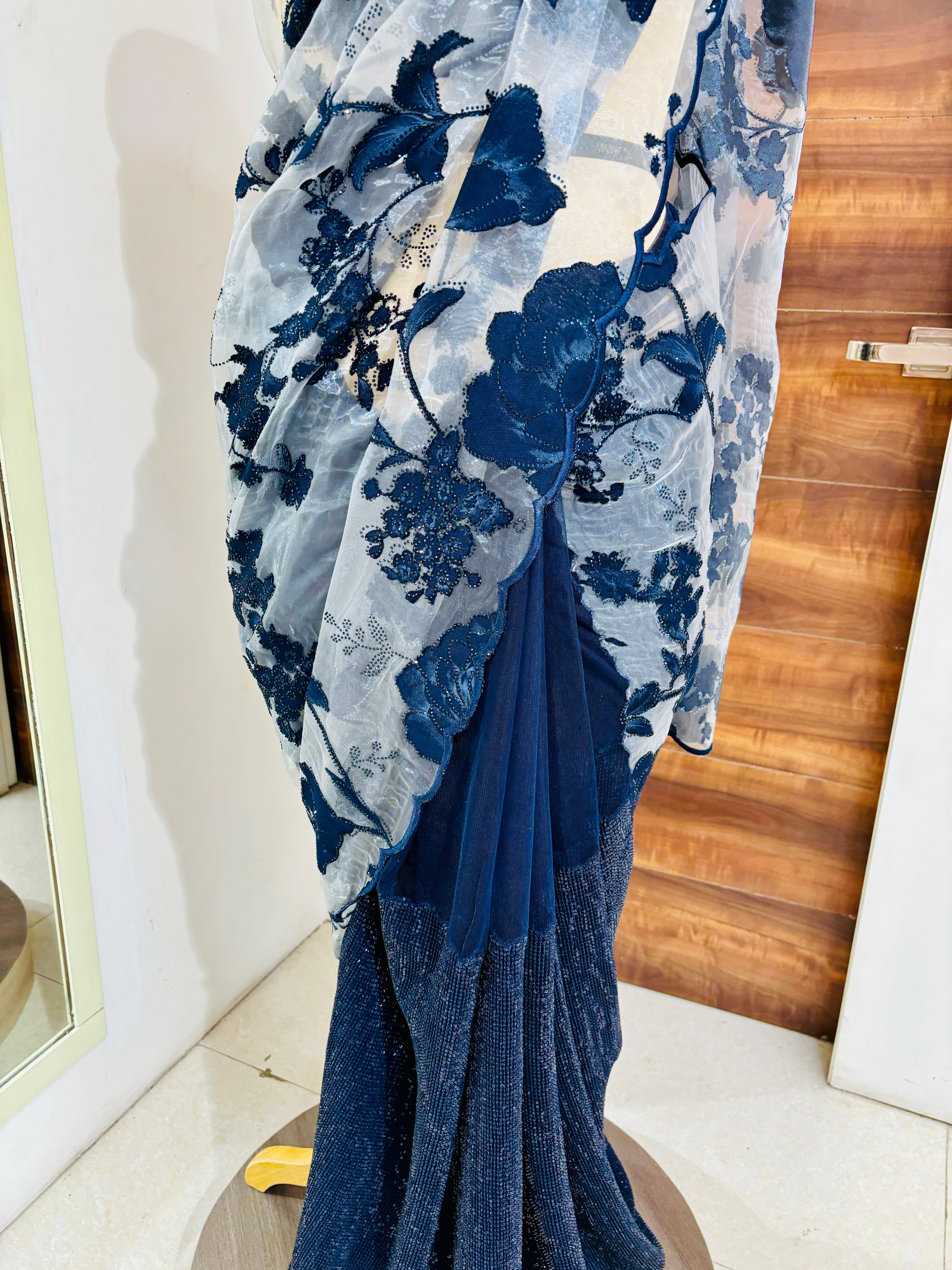 Off White & Blue Tissue Organza Saree