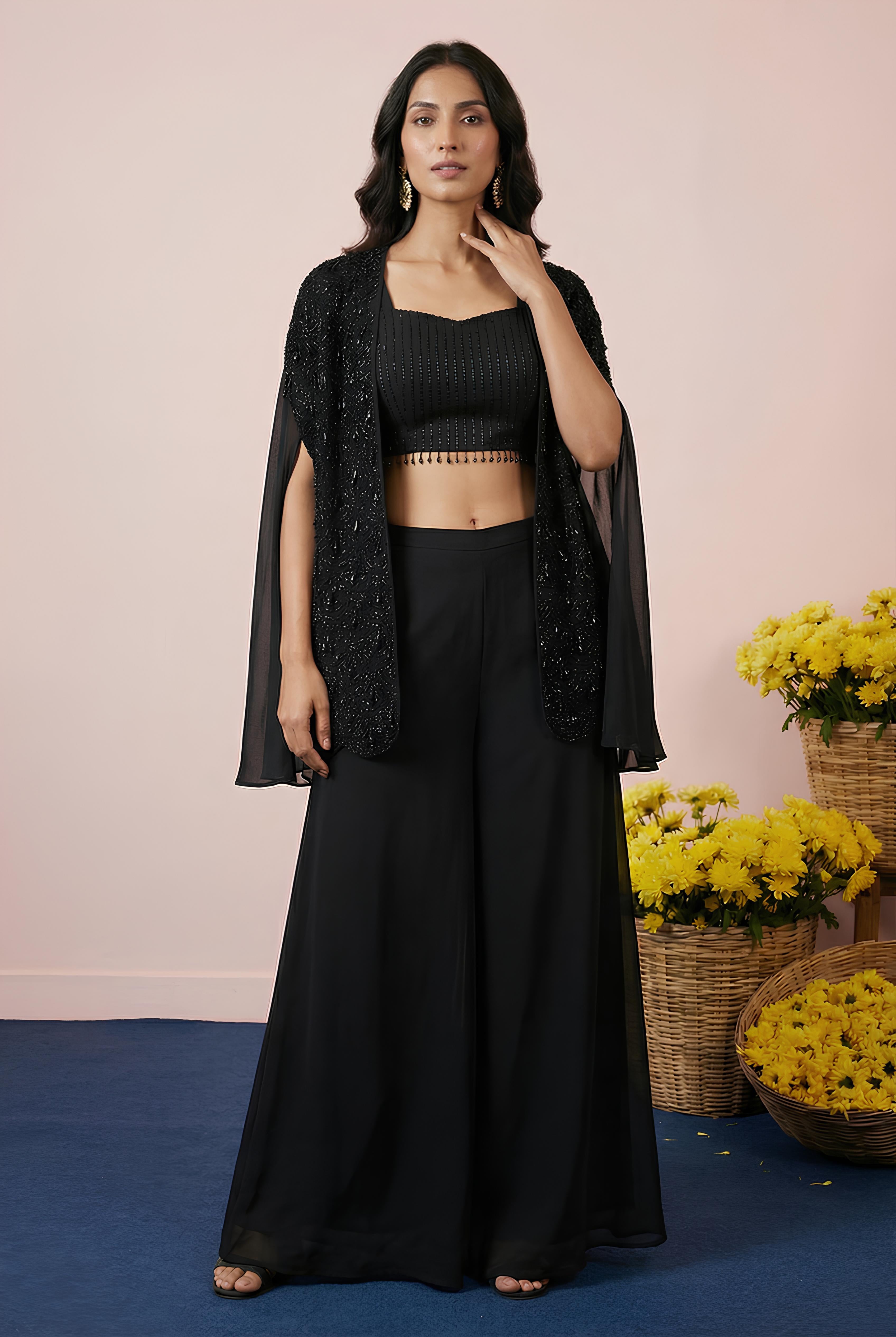 Black Embroidered Top With Shrug & Palazzo