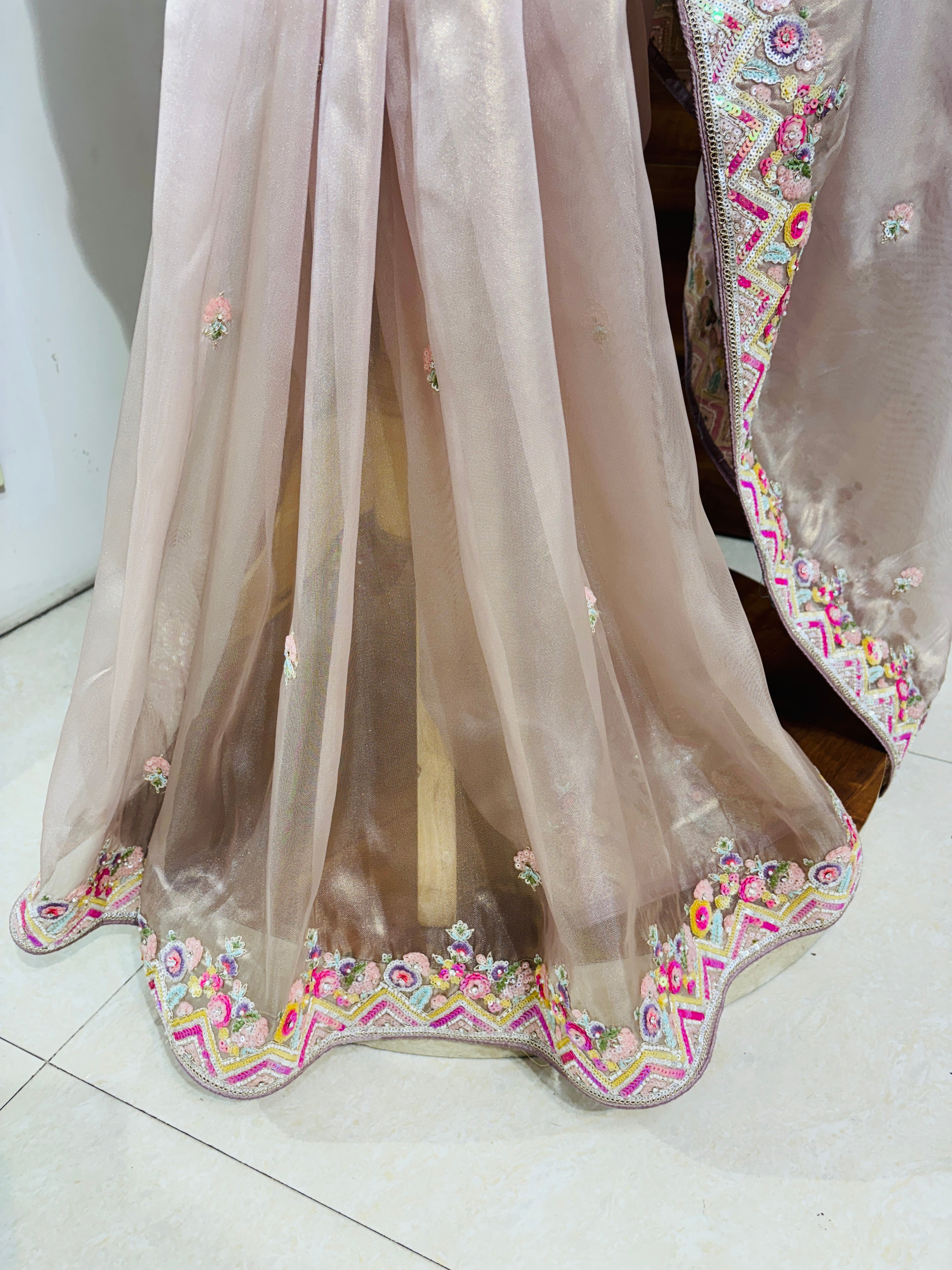 Salmon Pink Tissue Designer Saree