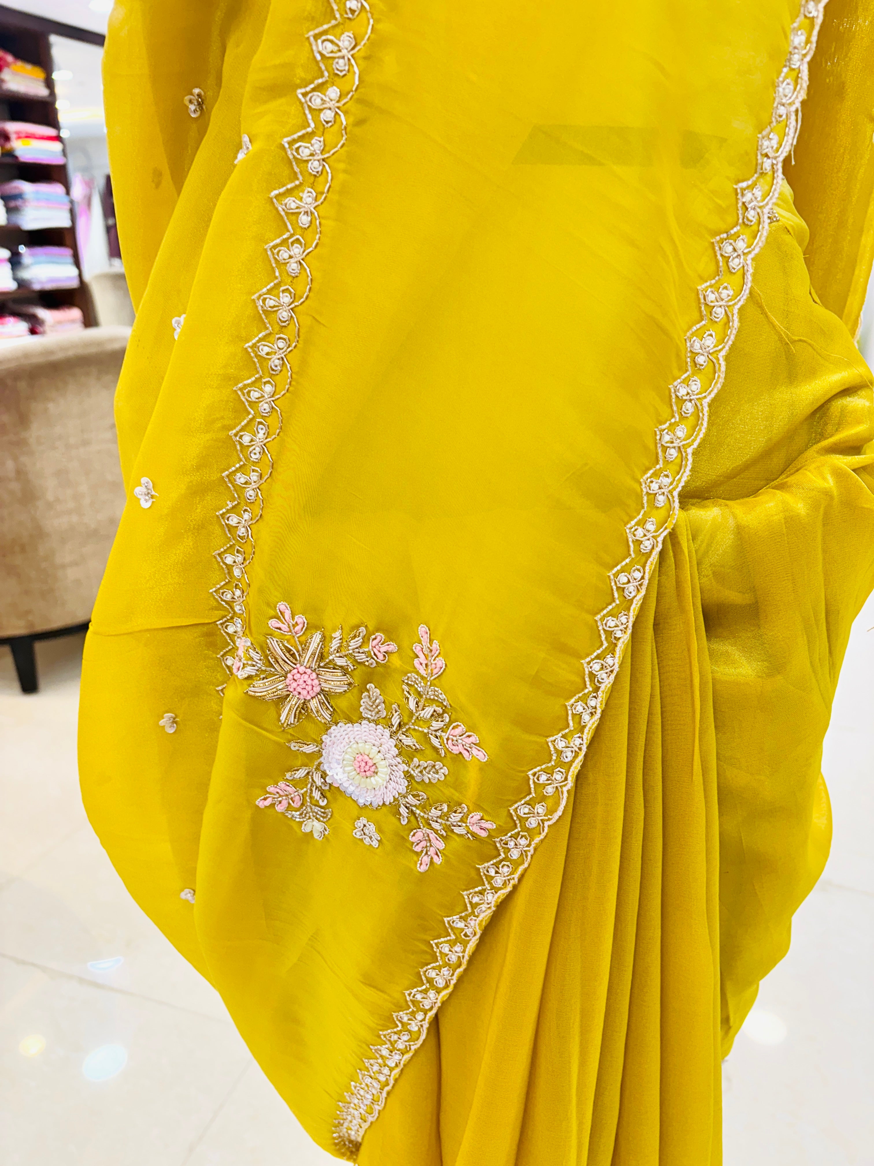 Yellow Hand Work Silk Designer Saree