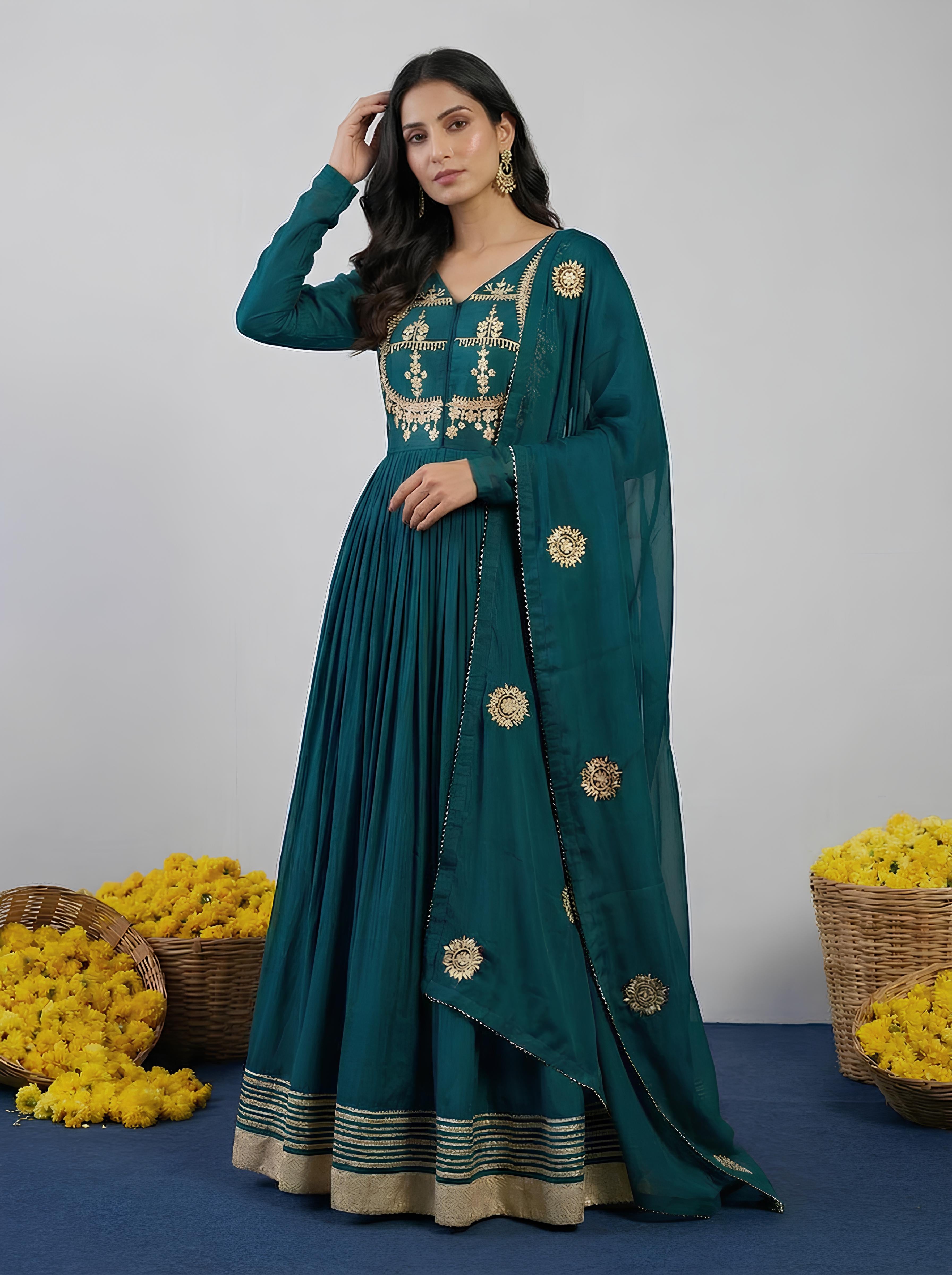 Green Silk Embellished Anarkali Gown With Dupatta