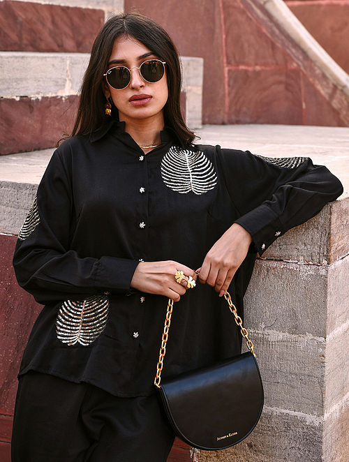 Black Embroidered Italian Silk Shirt with Pants Co-ord Set (Set of 2)