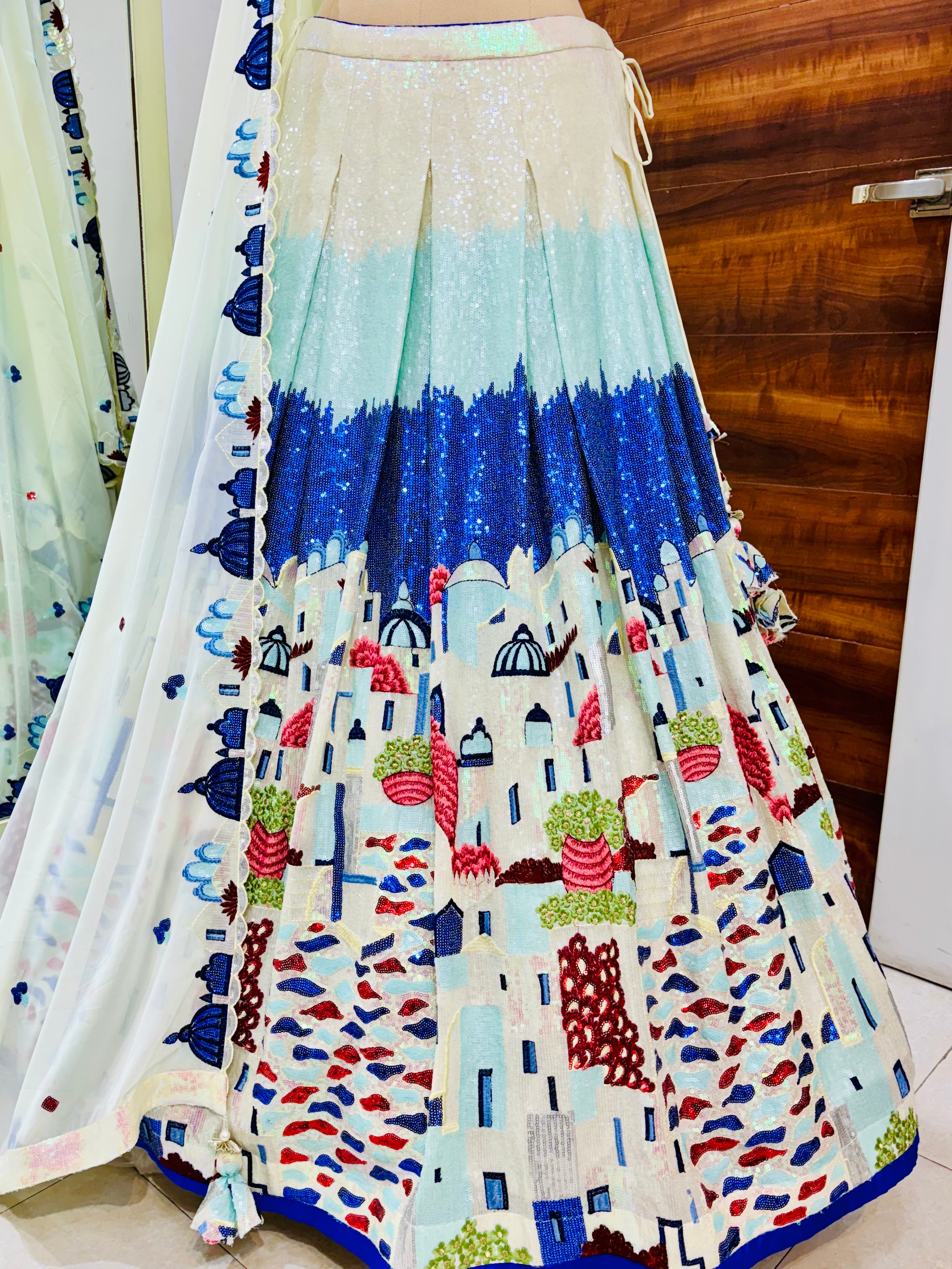 White & Blue Sequinned Festive Lehenga