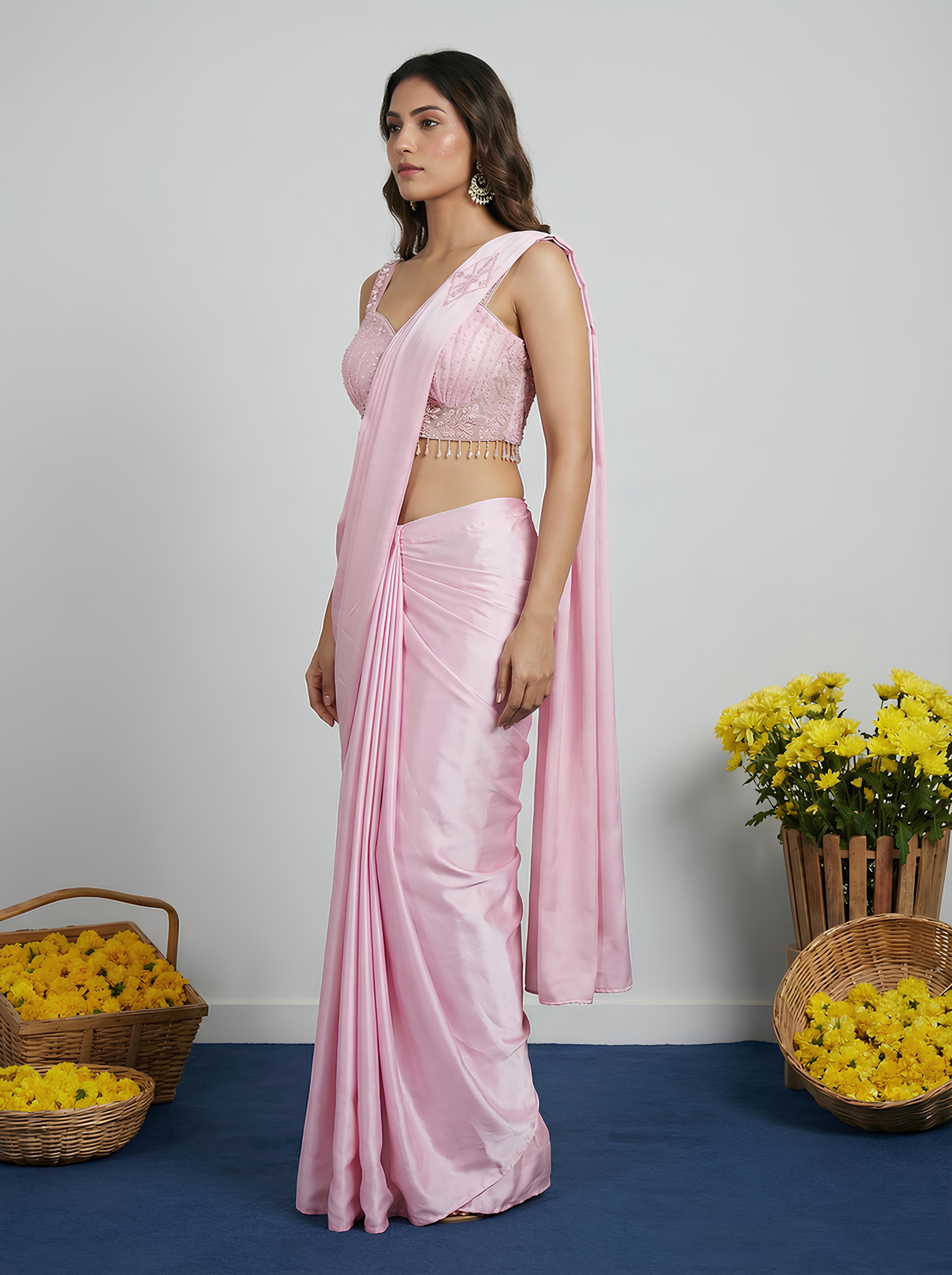 Baby Pink Corset Embroidered Drape Saree