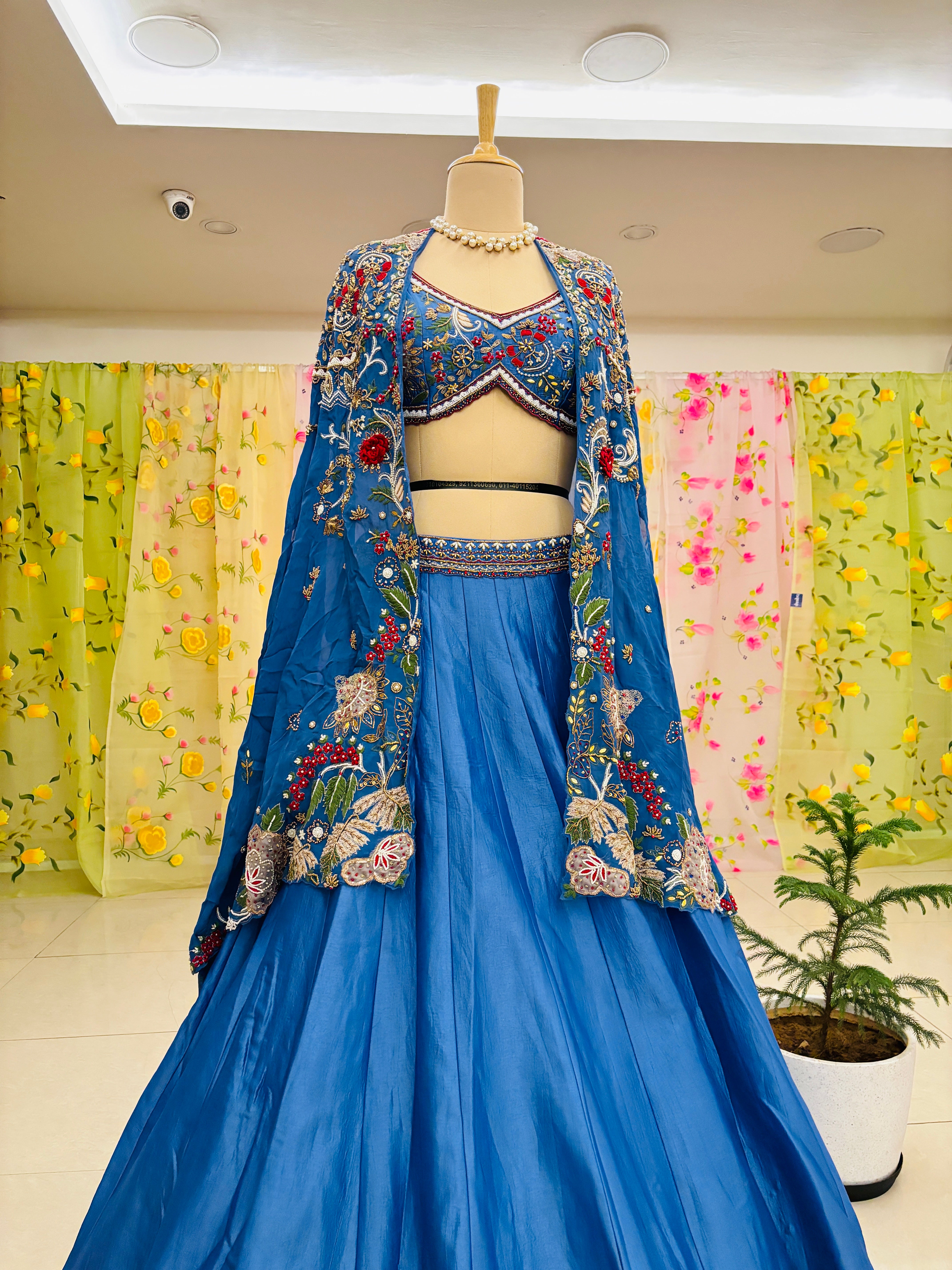 Dark Blue Raw Silk Hand Work Lehenga With Shrug