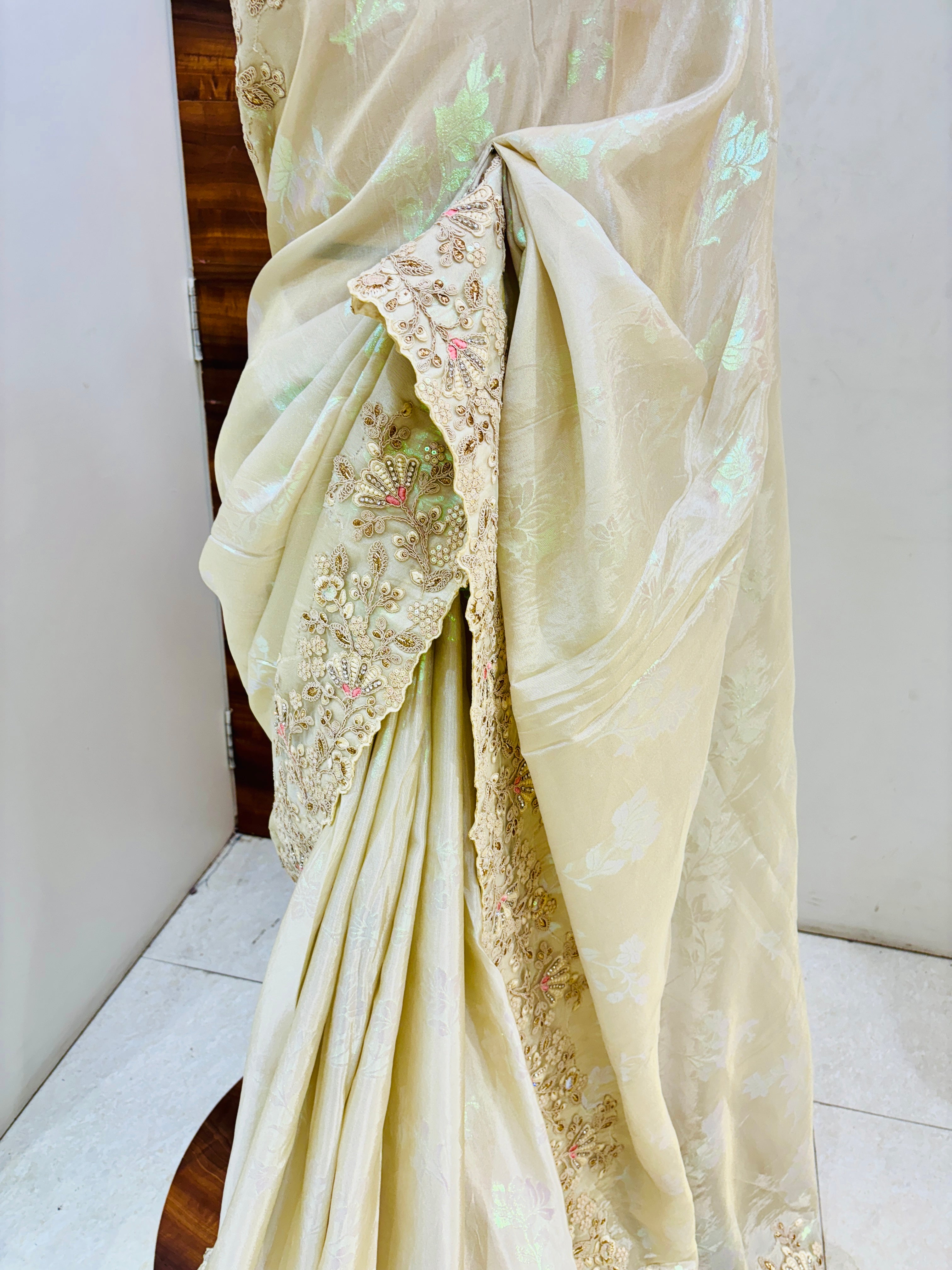 Ivory Banarasi Silk Embroidery Work Saree