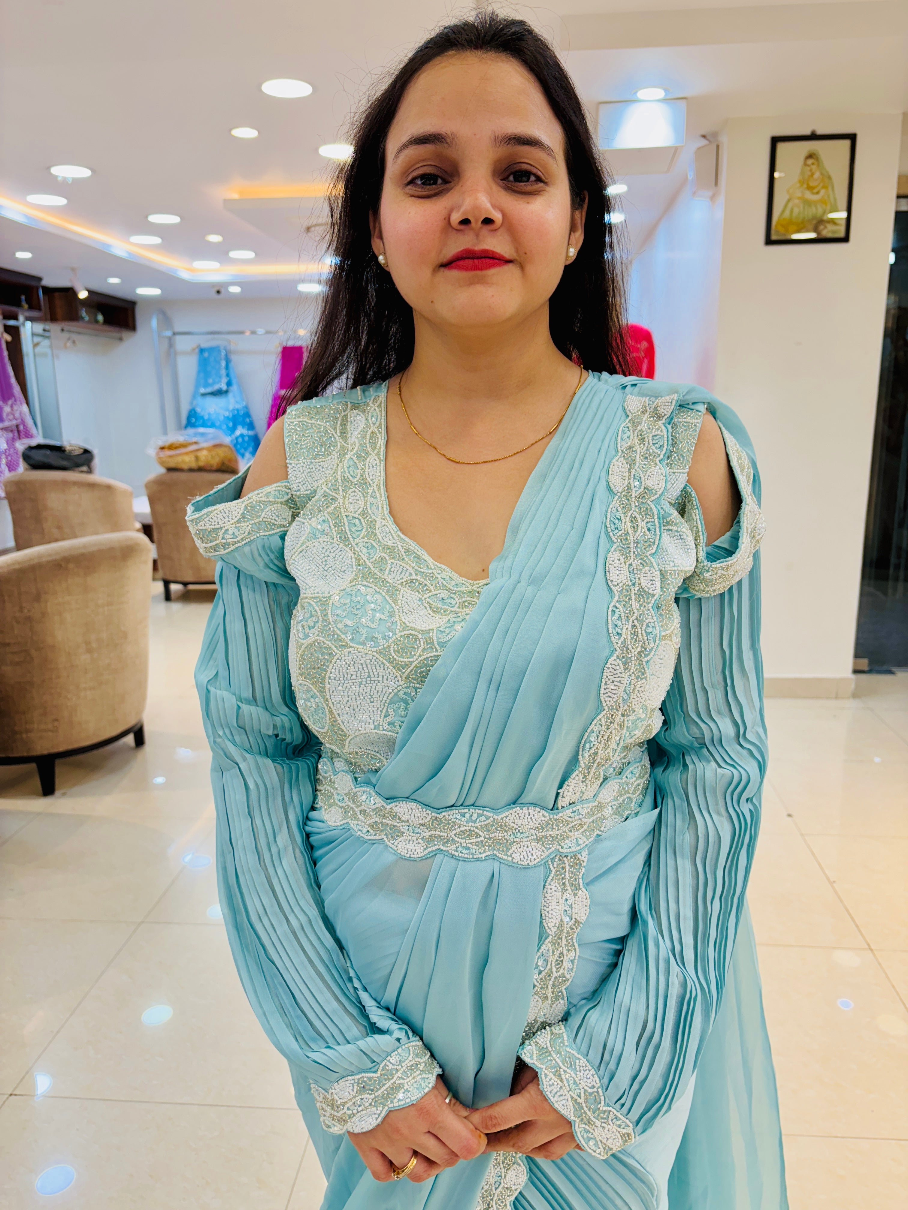 Sky Blue Frill Saree With Embellished Ready Blouse