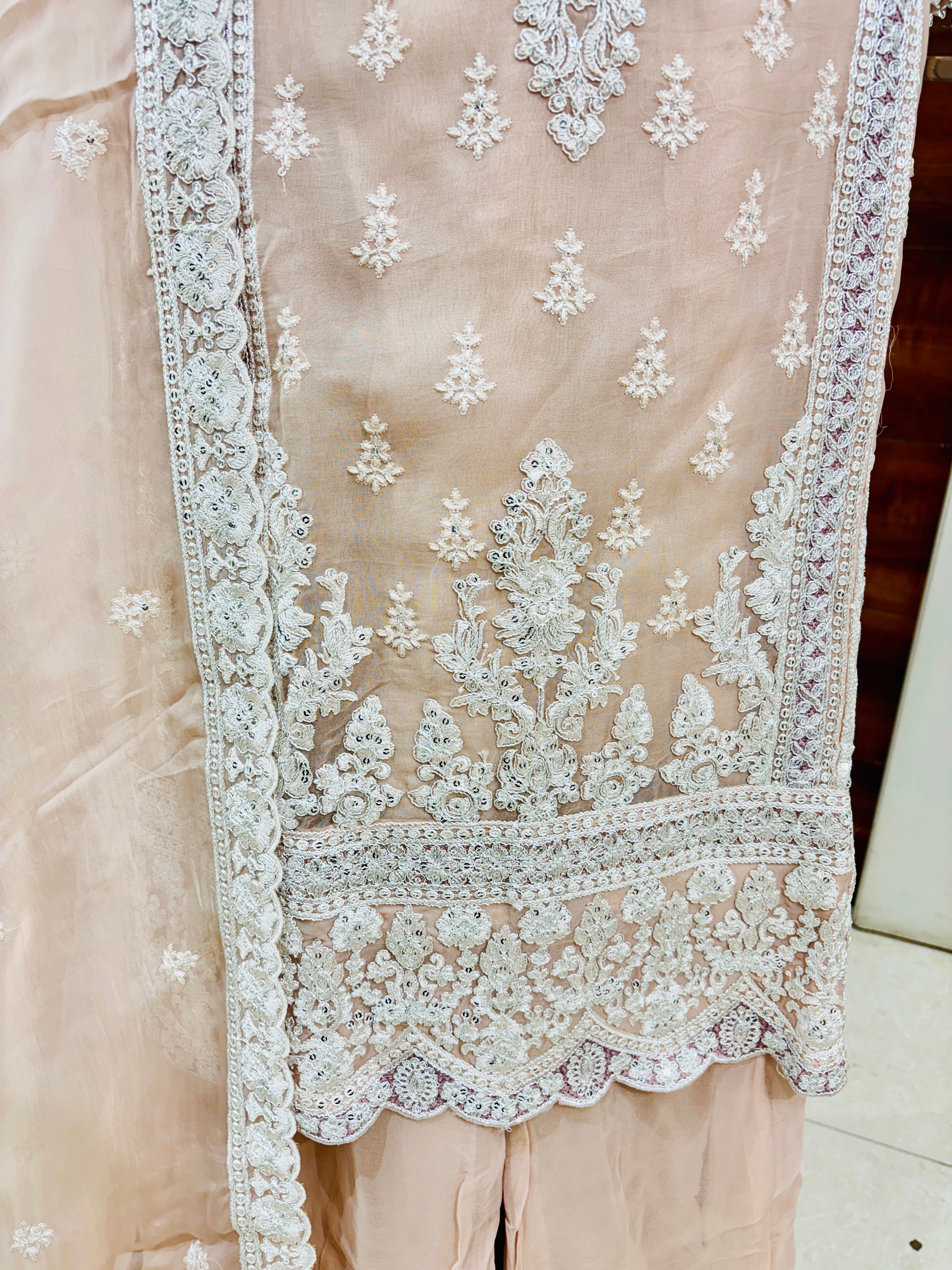 Salmon Pink Embroidered Organza Suit Set