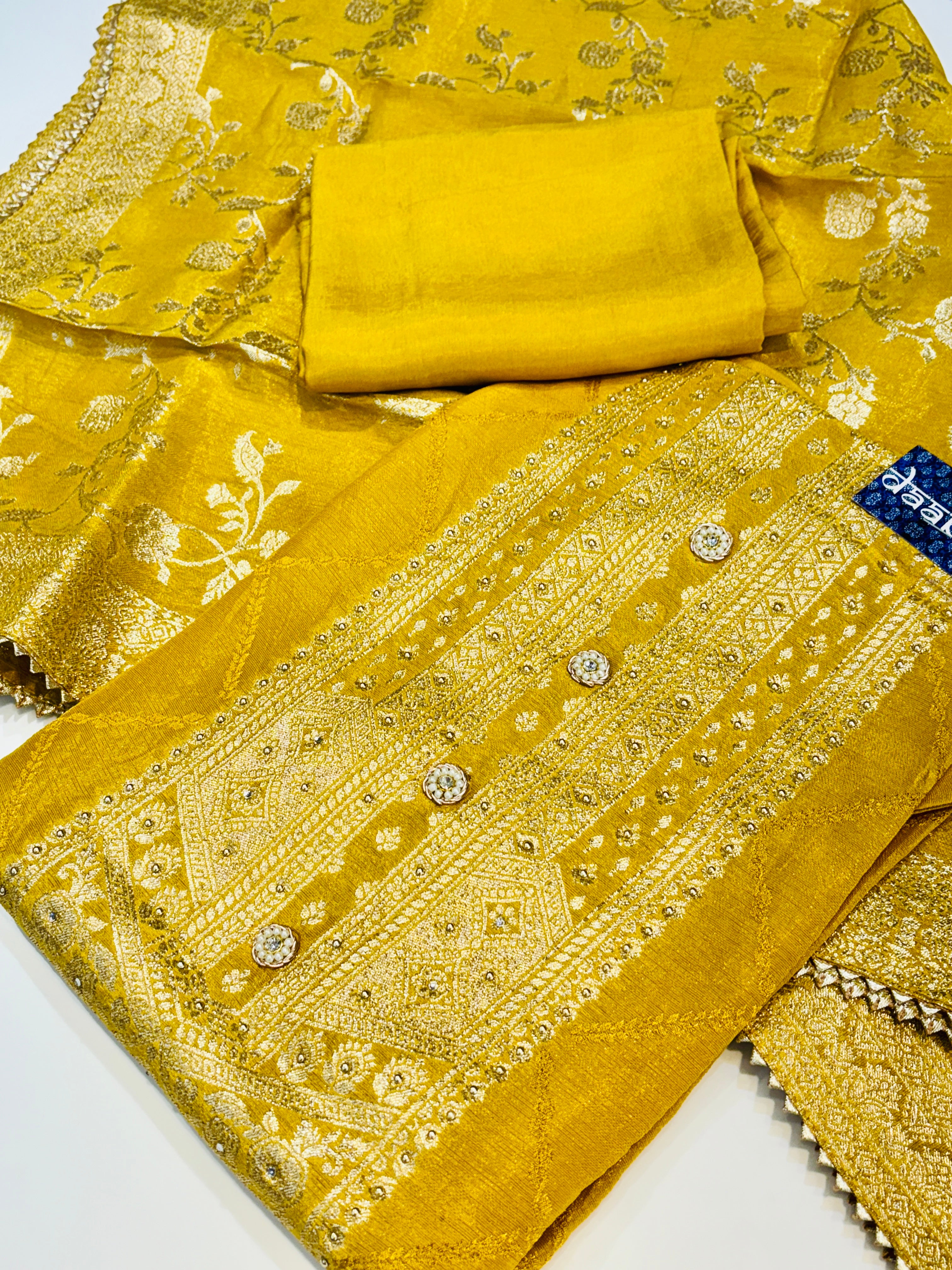 Yellow Banarasi Silk Zari Work Dress Material