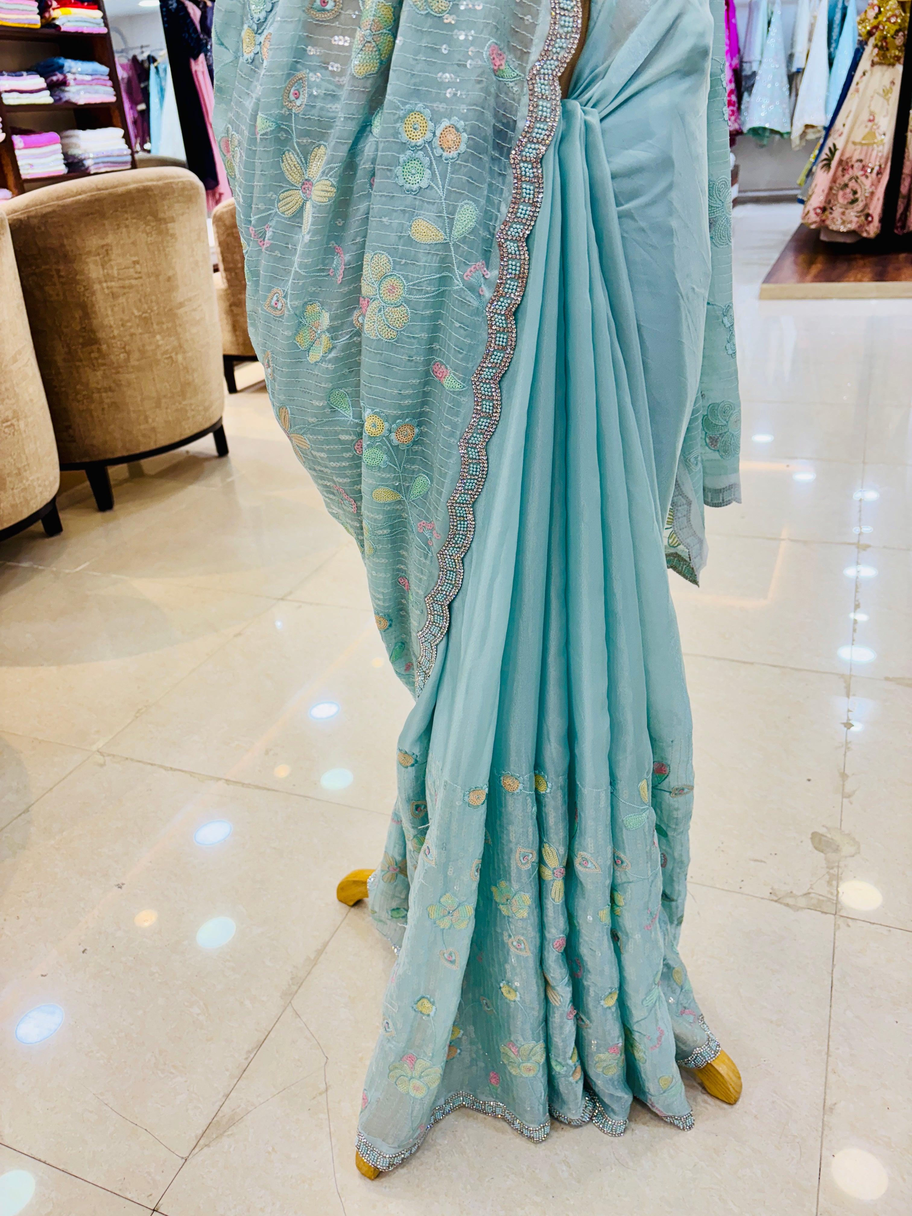 light blue organza saree