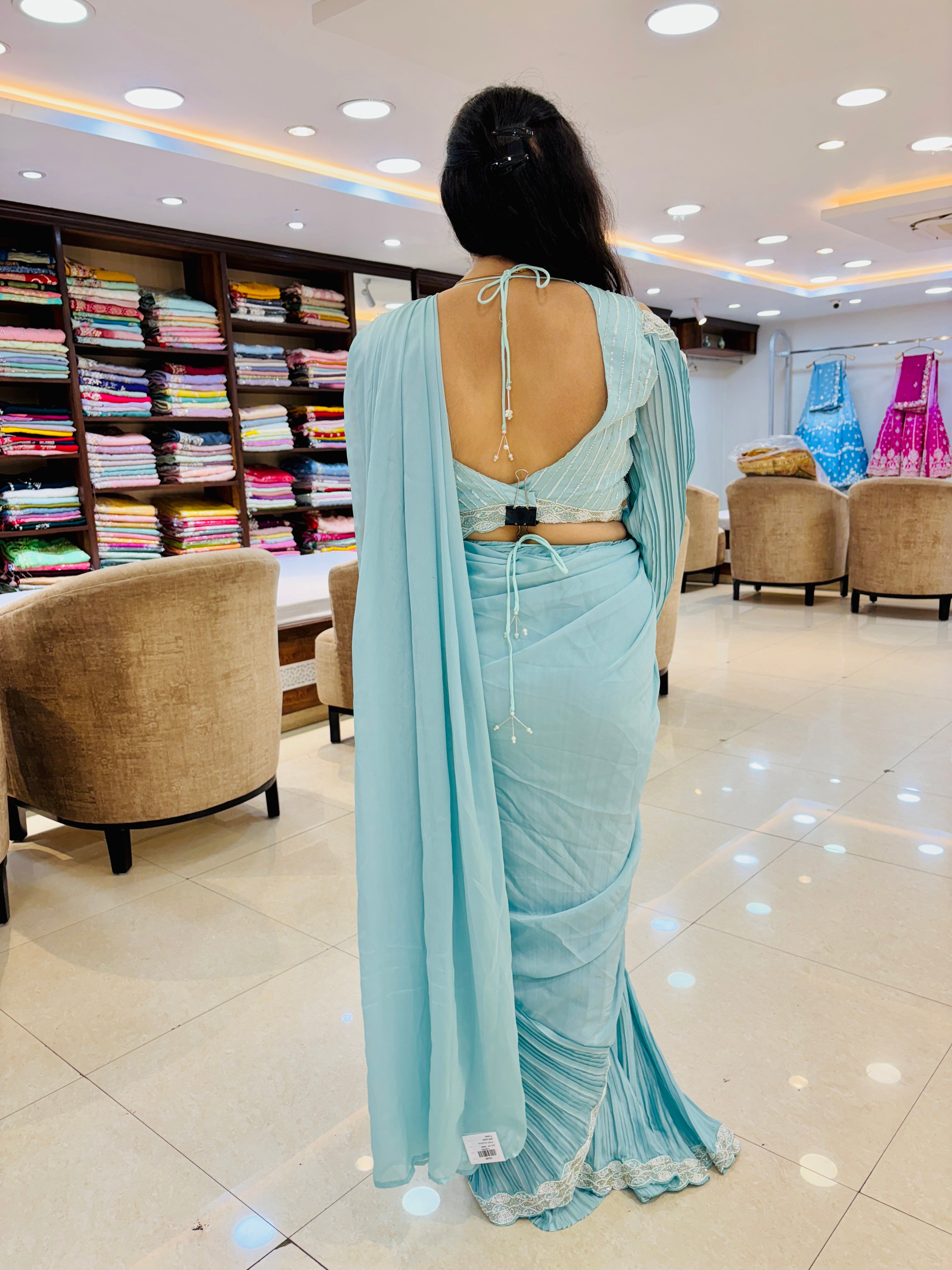 Sky Blue Frill Saree With Embellished Ready Blouse