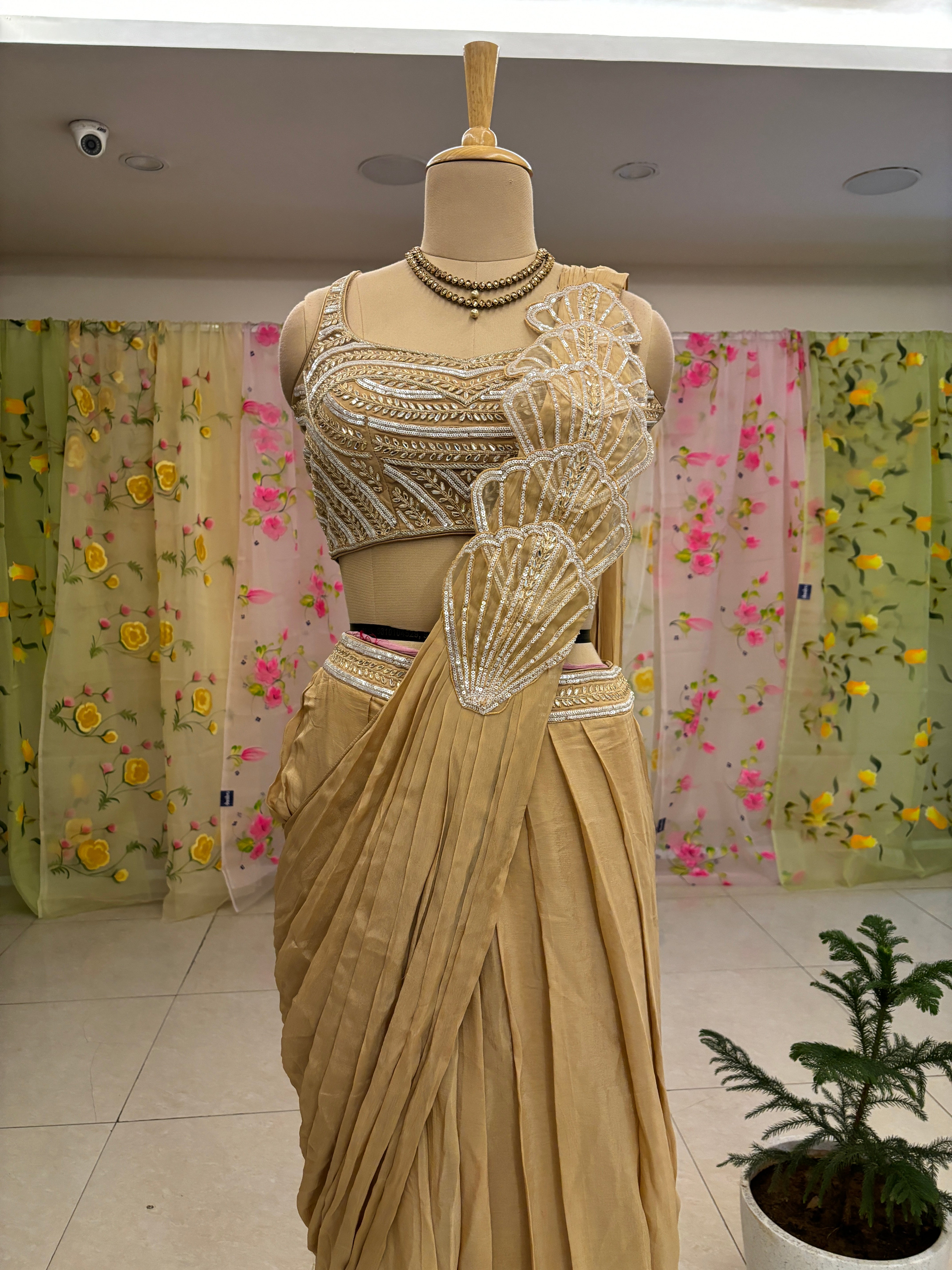 Light Brown Chinnon Silk Drape Saree With Readymade Blouse