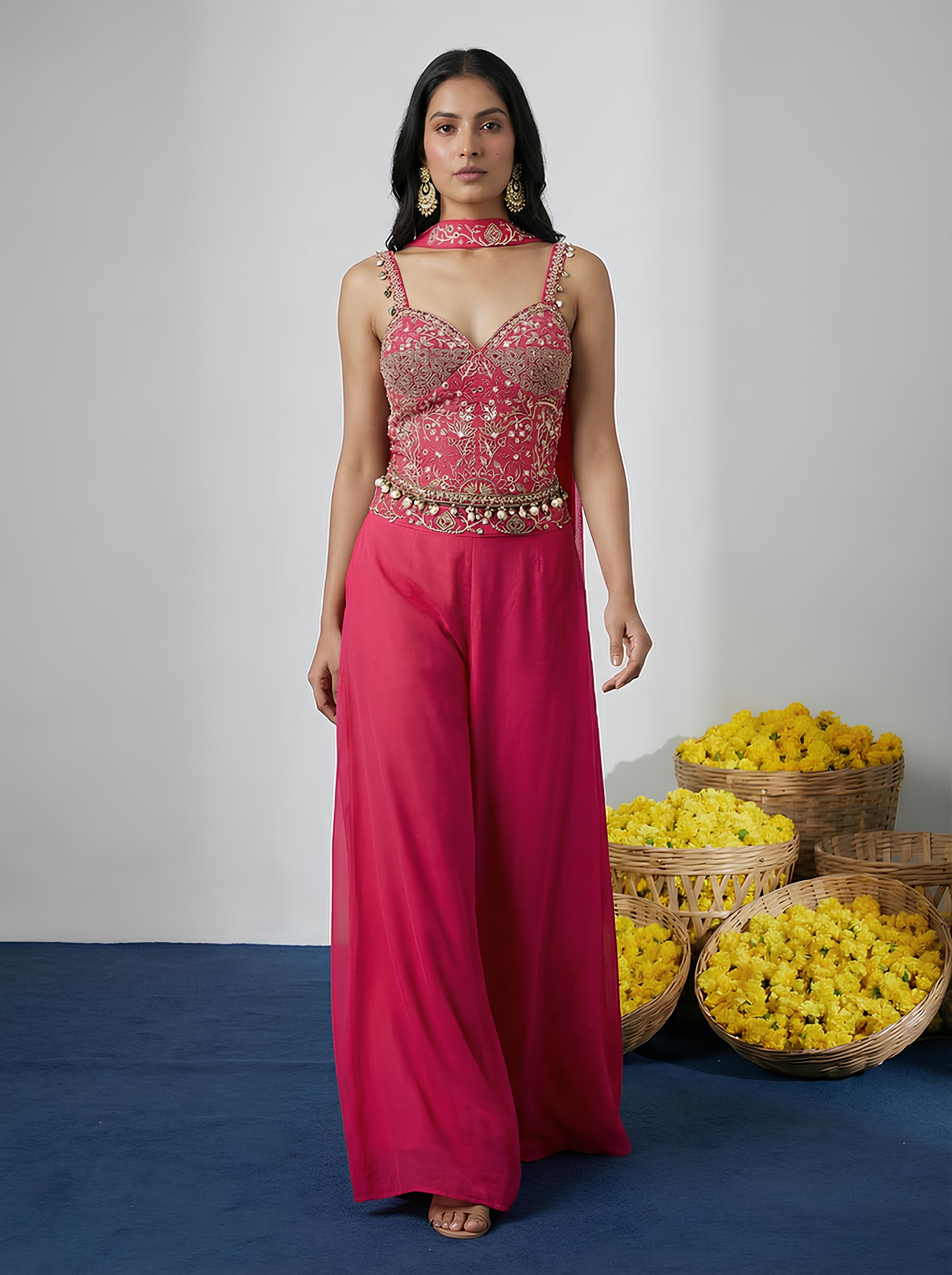 Dark Pink Corset Embroidered Top With Sharara Suit