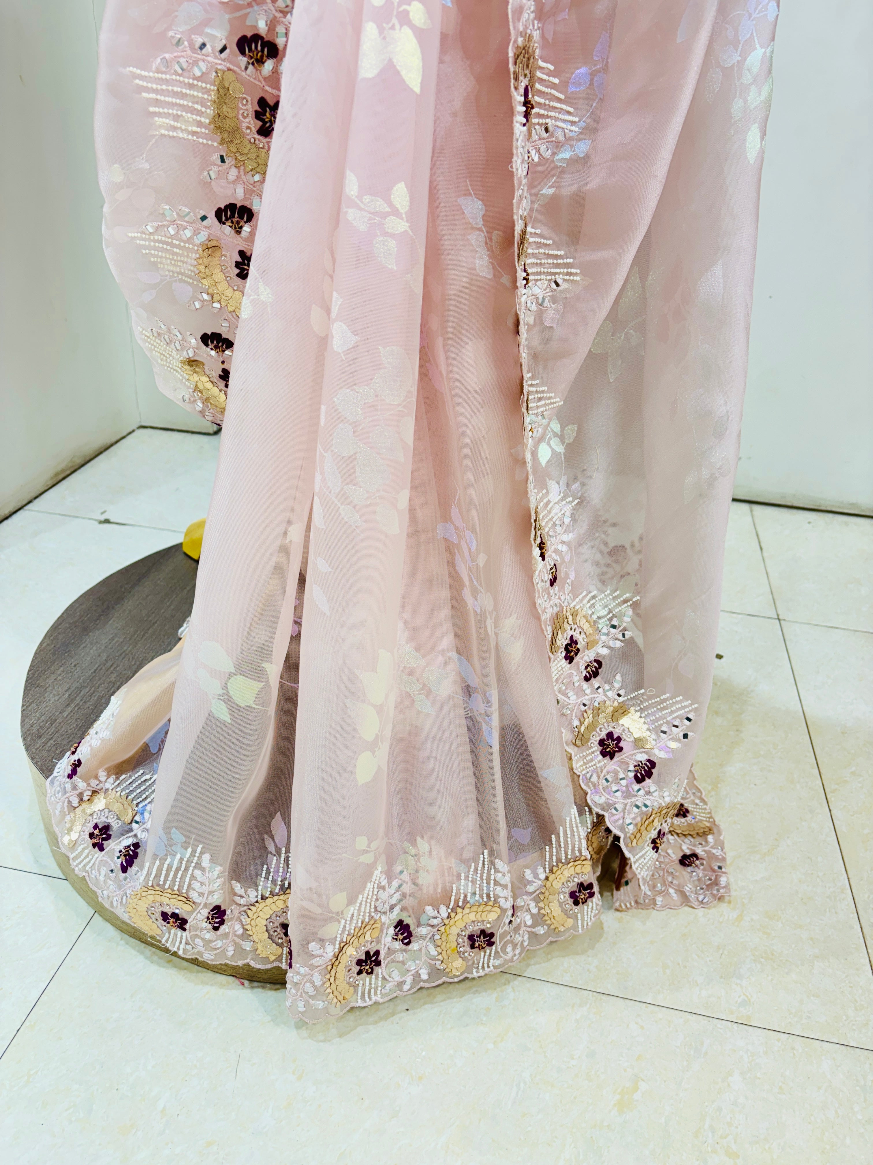 Light Pink Printed Tissue Saree