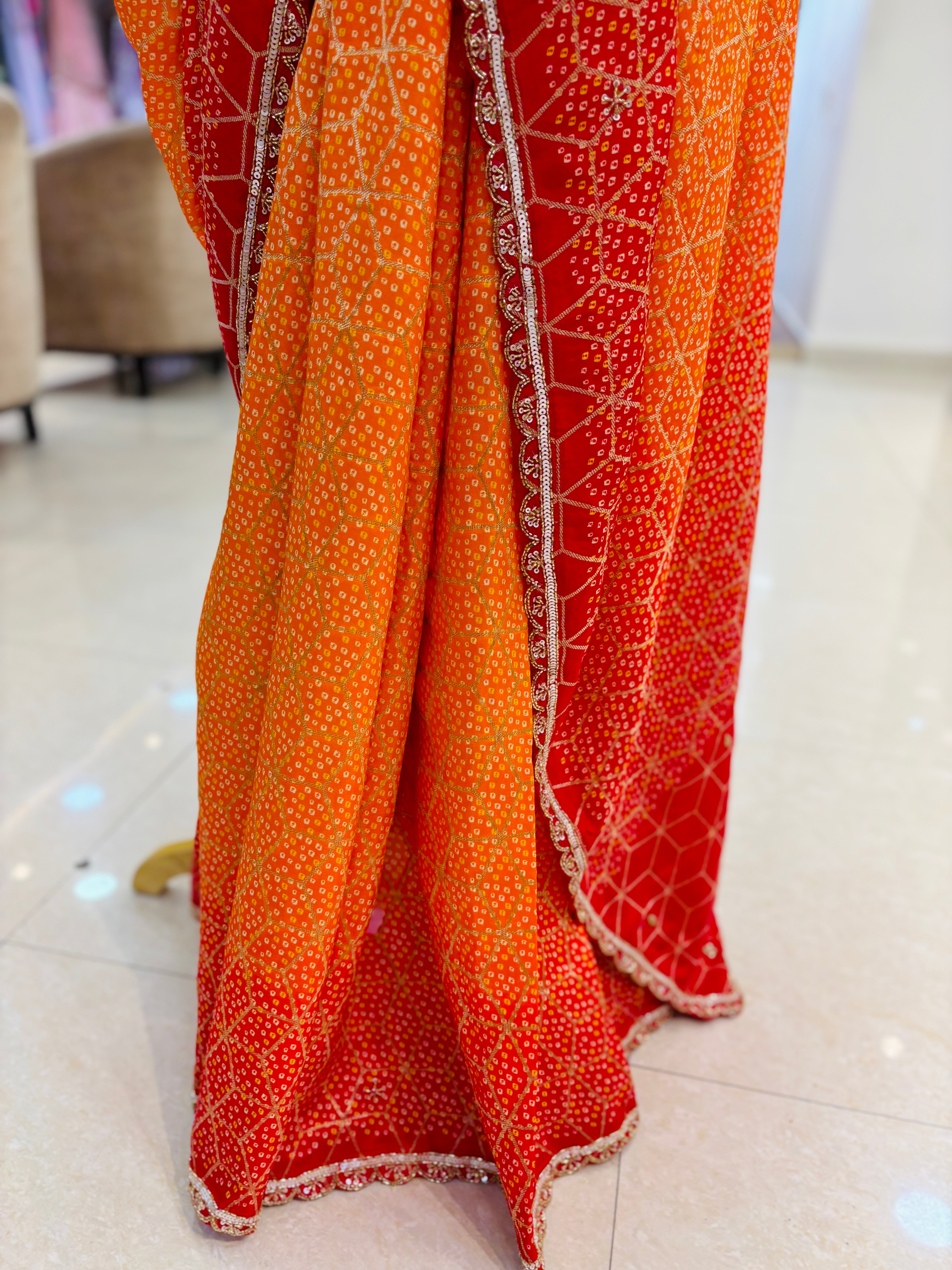 Shaded Orange Bandhani Silk Saree With Readymade Blouse