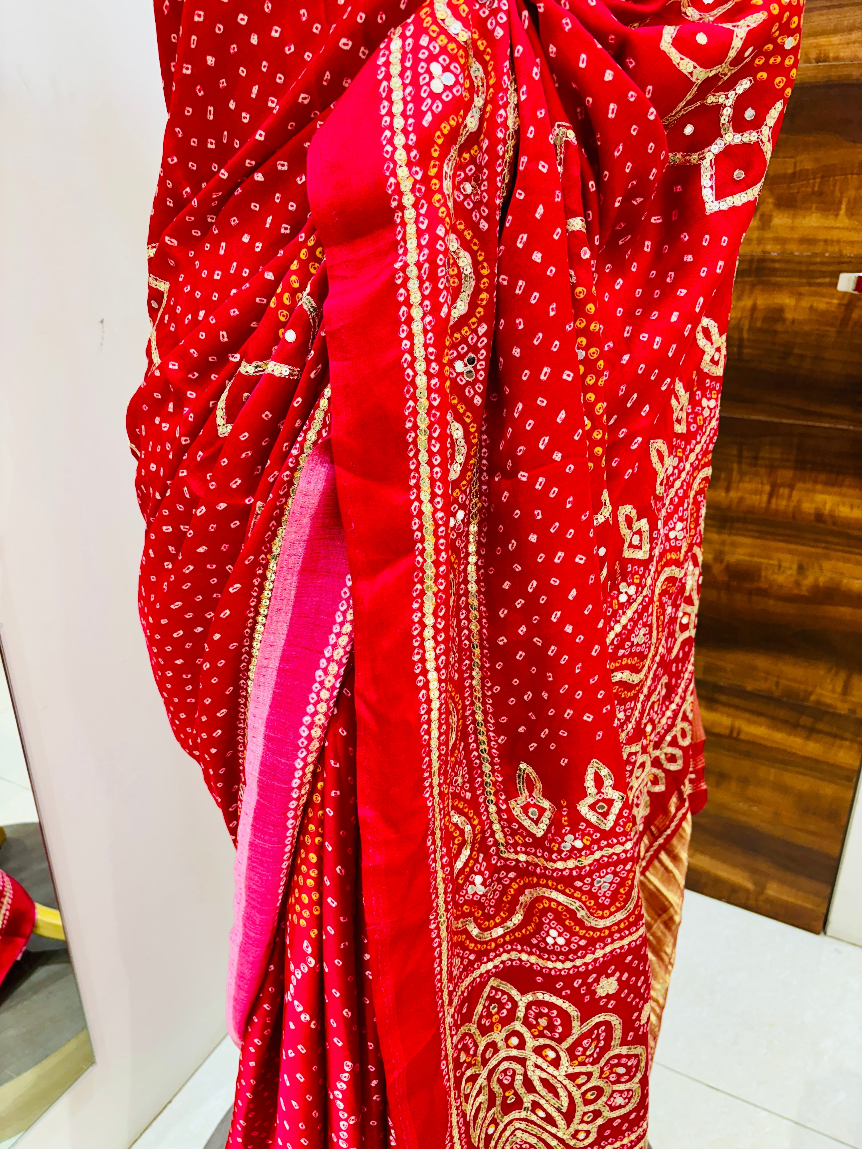 Red Muslin Silk Bandhej Saree