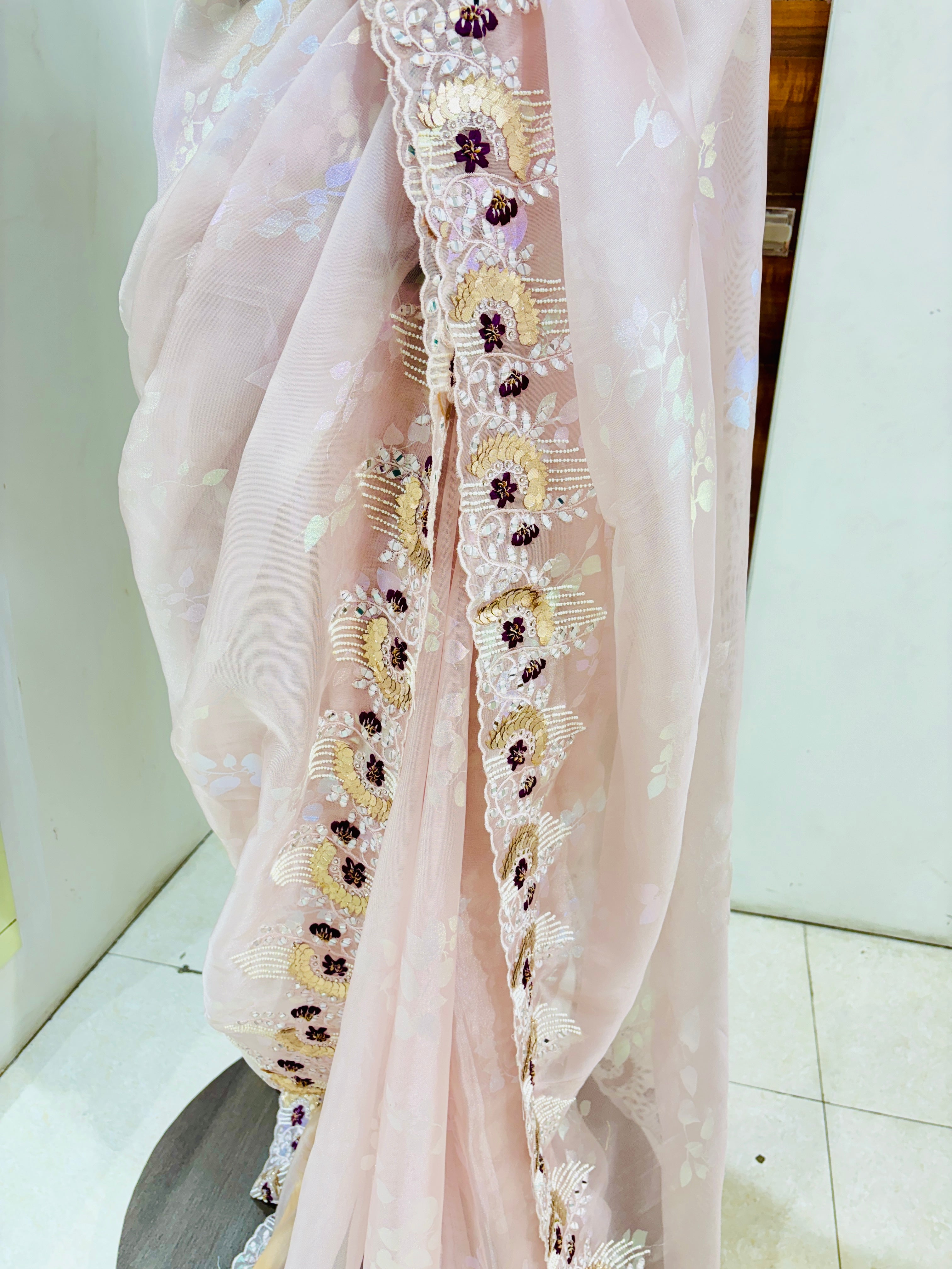 Light Pink Printed Tissue Saree