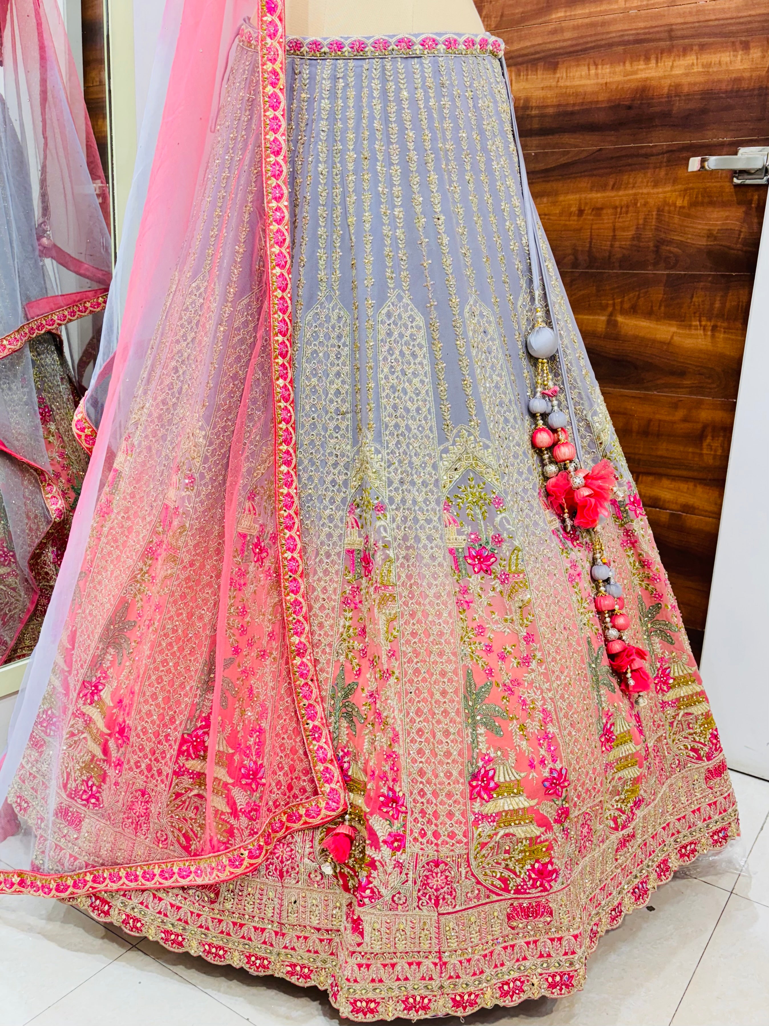 Grey & Pink Embellished Lehenga