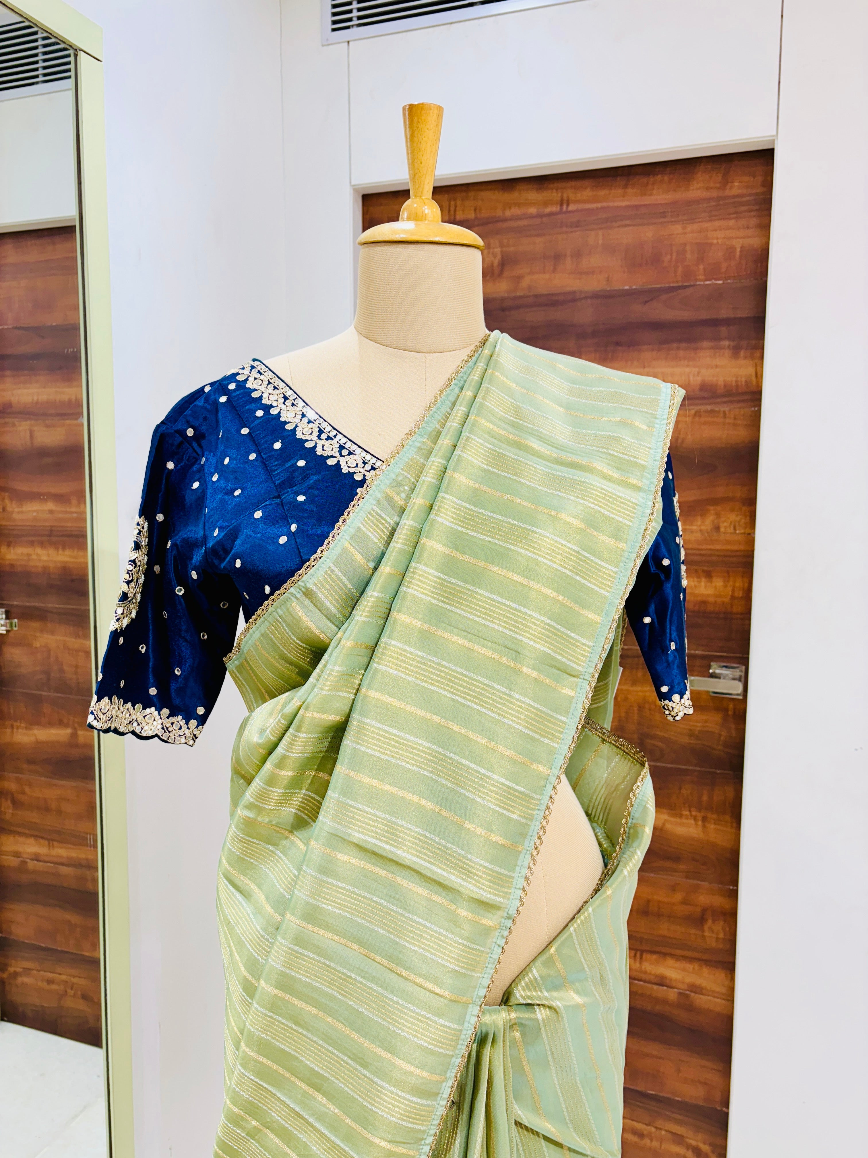 light green saree with readymade blouse