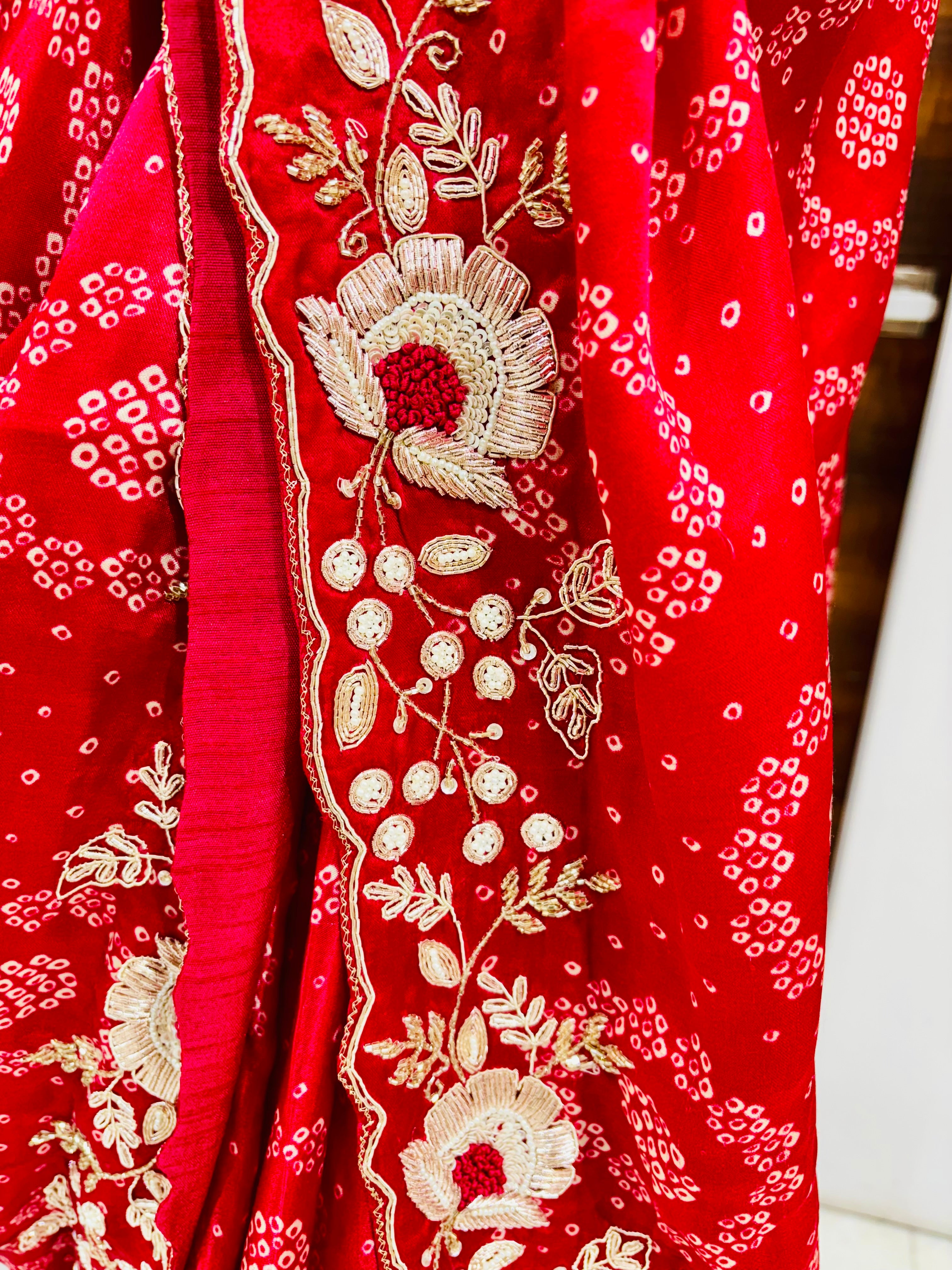 Red Gajji SIlk Bandhej Designer Saree