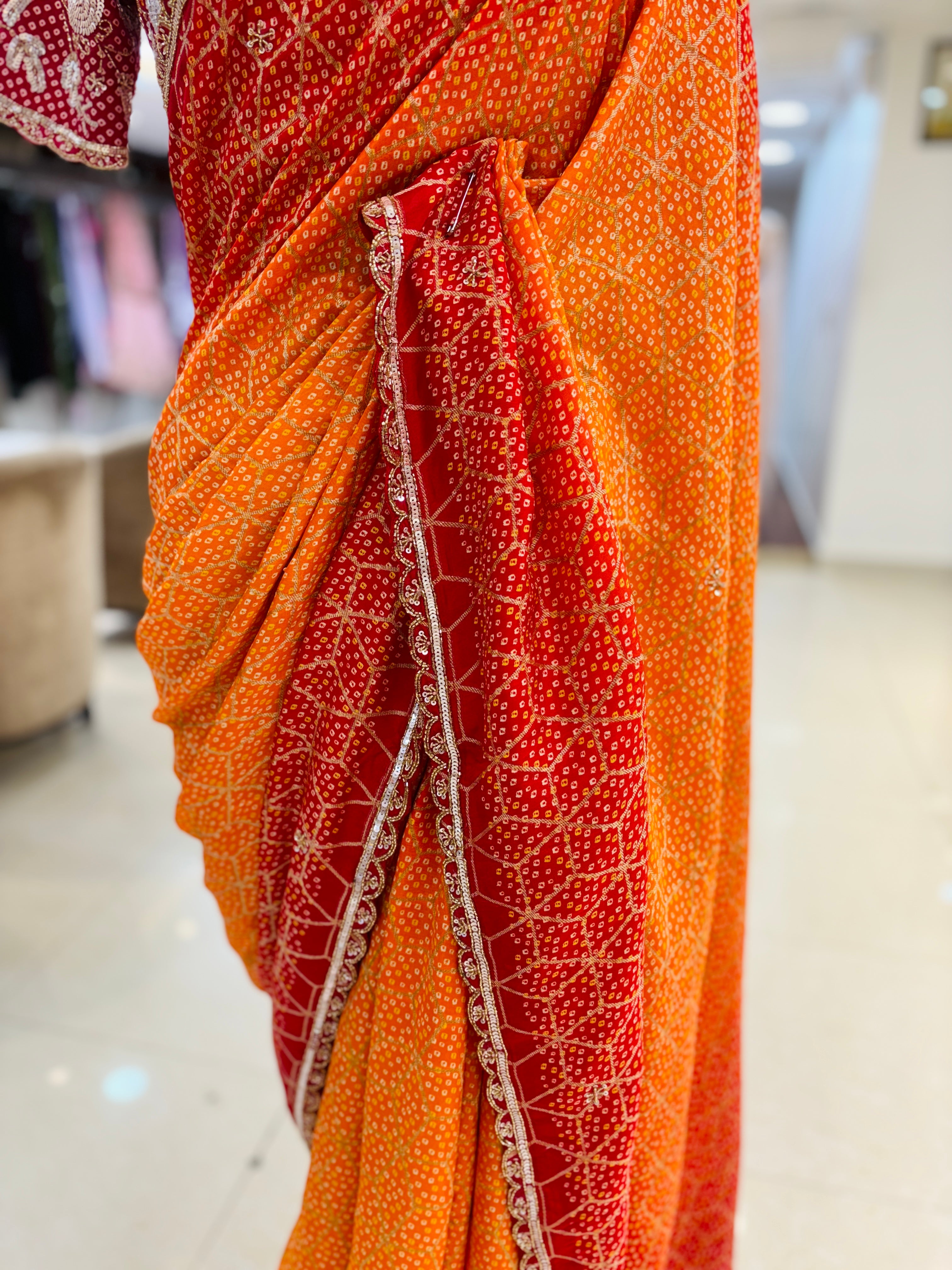 Shaded Orange Bandhani Silk Saree With Readymade Blouse