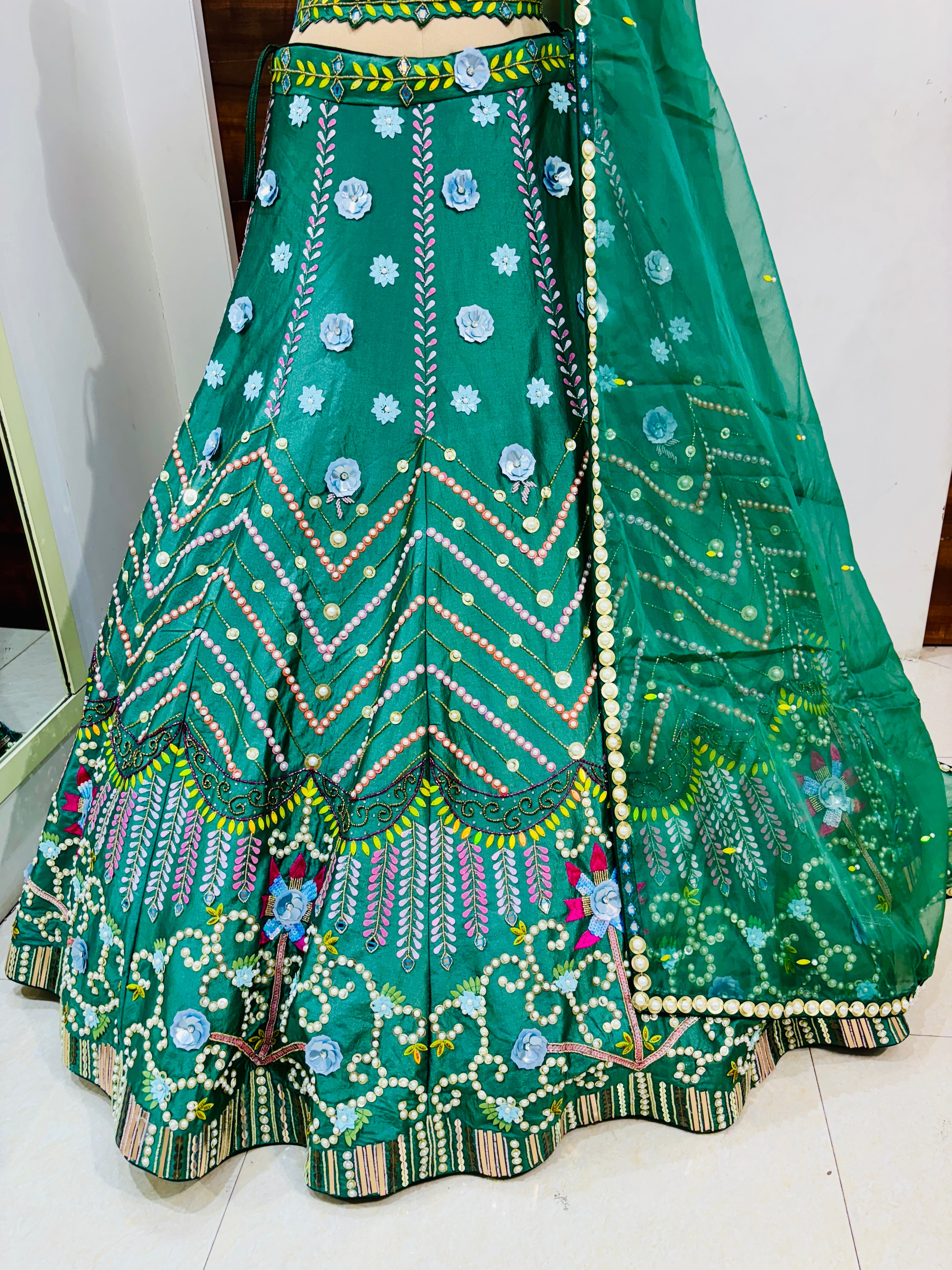 Dark Green 3D Embroidery Festive Lehenga