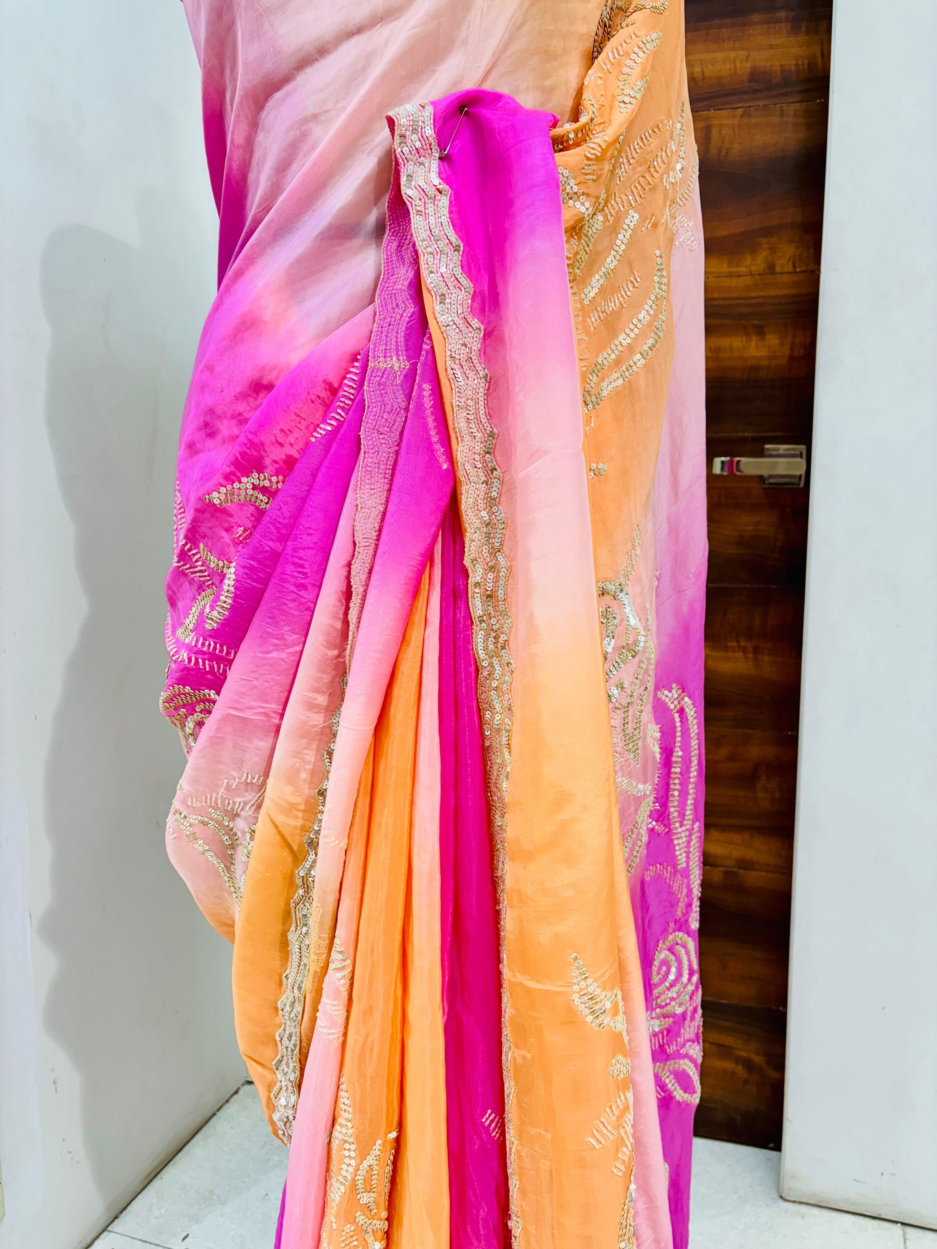 Shaded Pink Silk Sequinned Saree